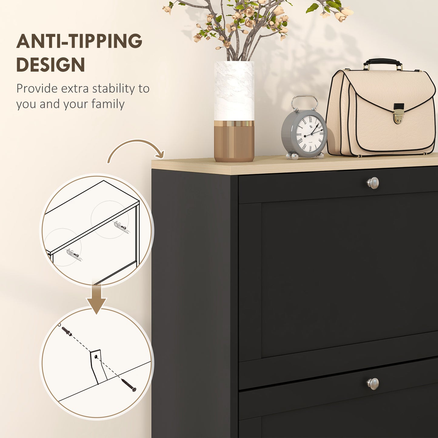 HOMCOM Modern Compact Three Drawer Shoe Storage Cabinet Black With Adjustable Shelves