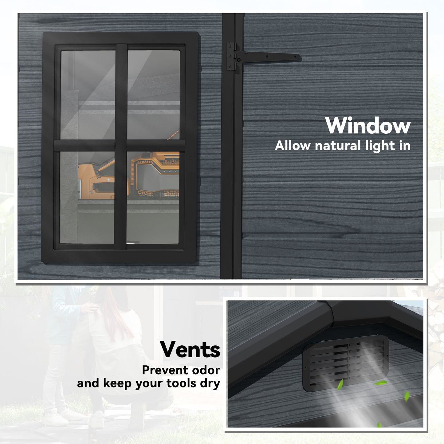 Outsunny 8x4ft Resin Garden Shed Wood Effect Outdoor Storage With Floor Windows Lockable Doors Vents Dark Grey