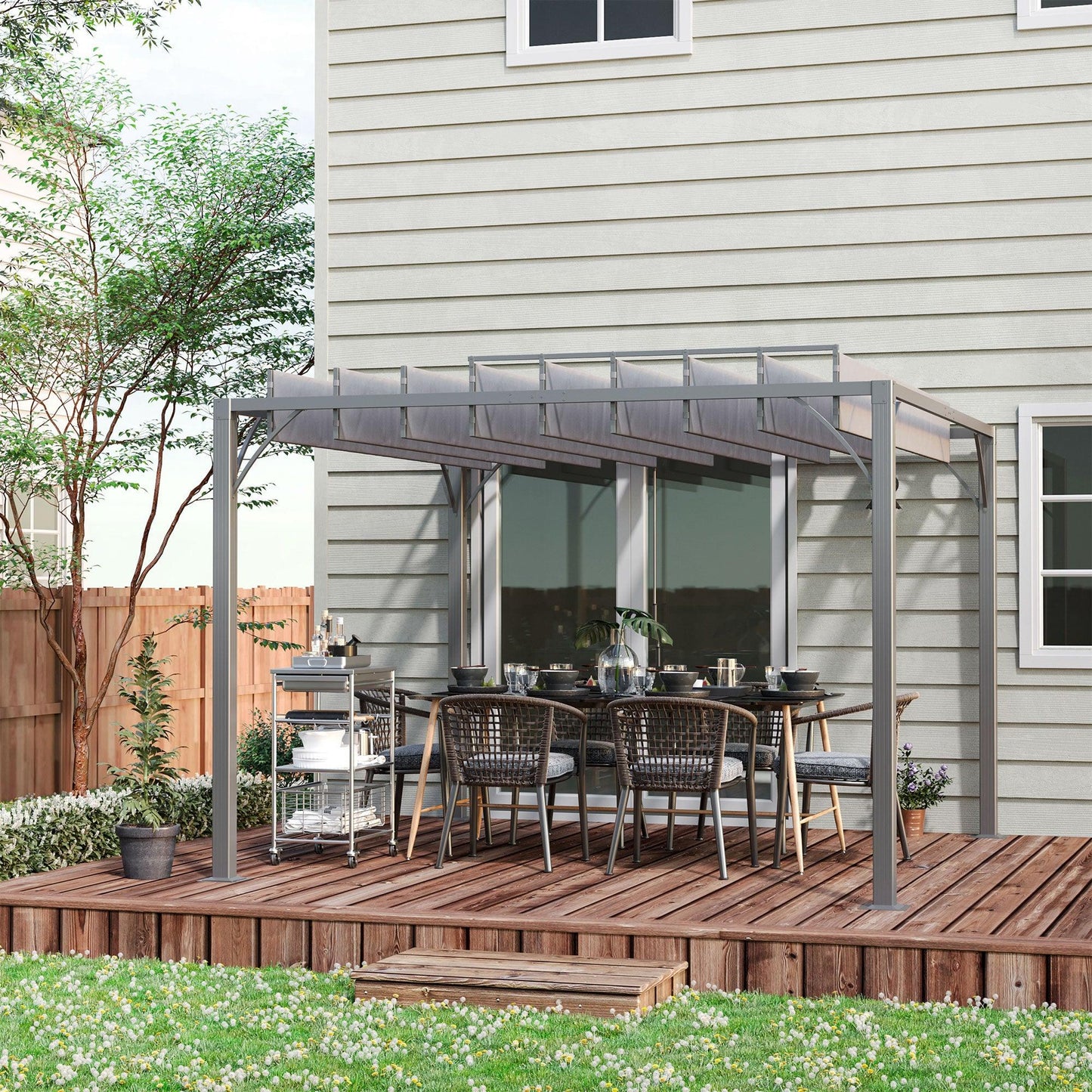 Outsunny 3 x 3(m) Outdoor Pergola with Retractable Roof, Aluminium Louvered Patio Gazebo Canopy for Lawn Garden Patio, Grey - ALL4U RETAILER LTD