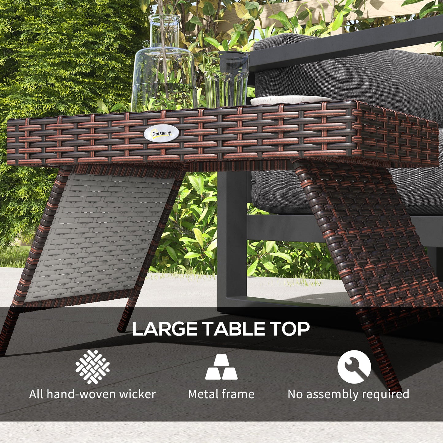 Outsunny Foldable Outdoor Side Table Rattan Garden Coffee Table With Steel Frame 60x41x41 cm Brown
