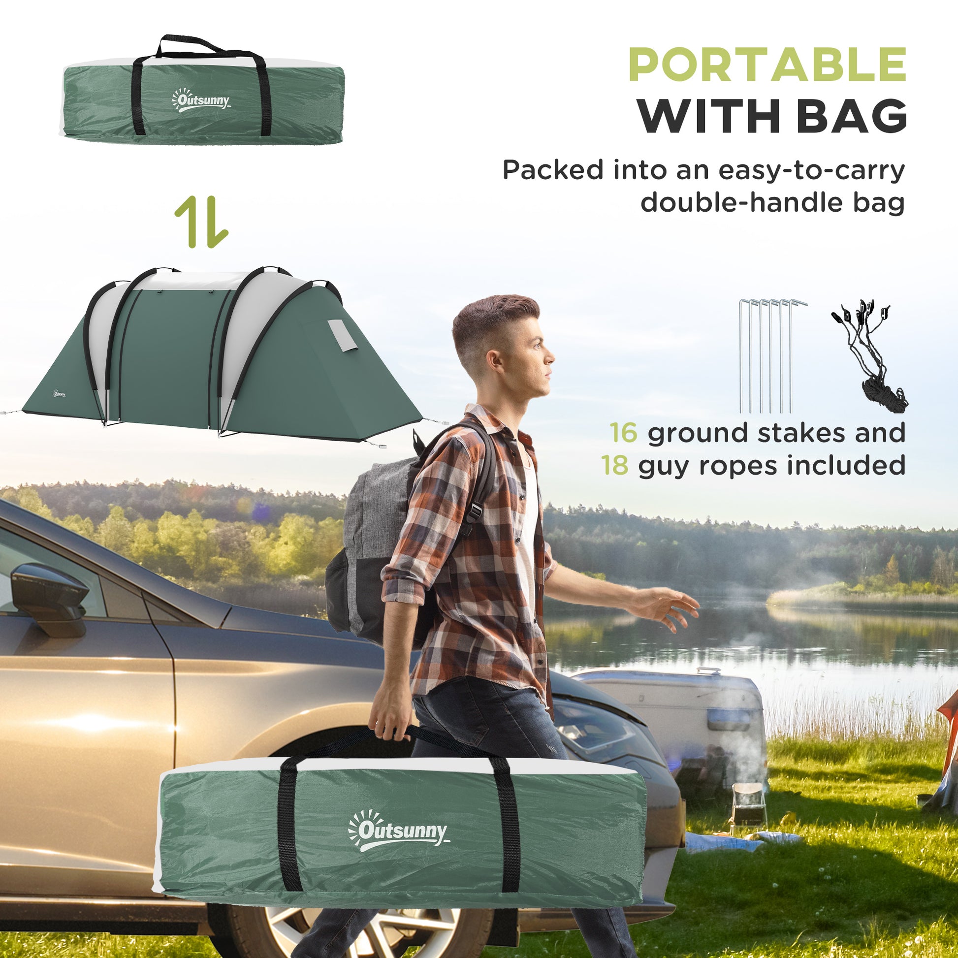 Outsunny Family Camping Tent with 2 Bedrooms and Living Area, 3000mm Waterproof, Ideal for Fishing, Hiking, and Festivals - Dark Green - ALL4U RETAILER LTD