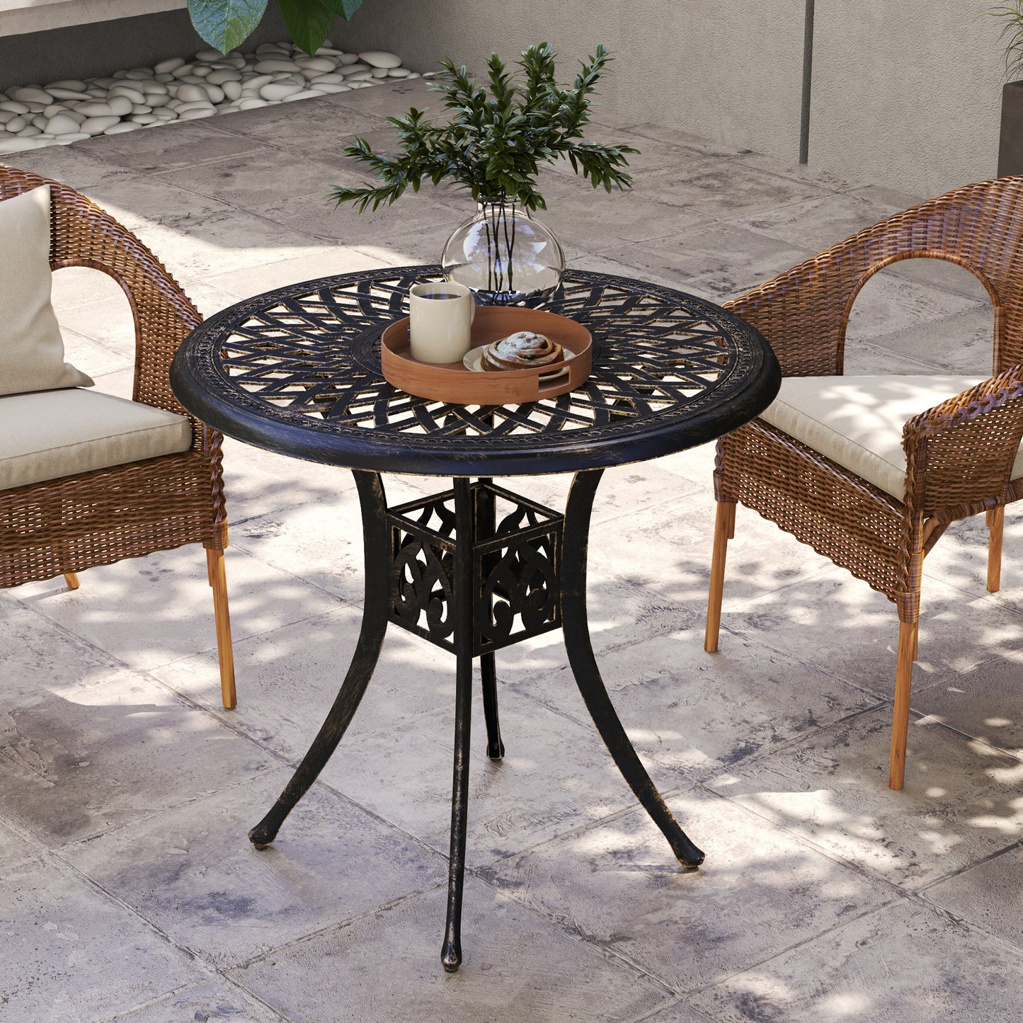 Outsunny 78 Cm Round Garden Dining Table With Parasol Hole Antique Cast Aluminium Bronze Tone Outdoor Table