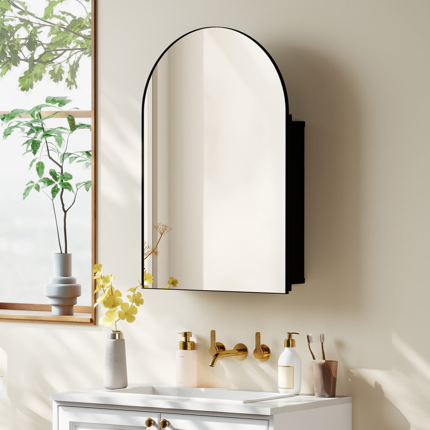 HOMCOM Arched Wall Mounted Bathroom Mirror Cabinet With Storage Shelves Black Finish Fully Assembled