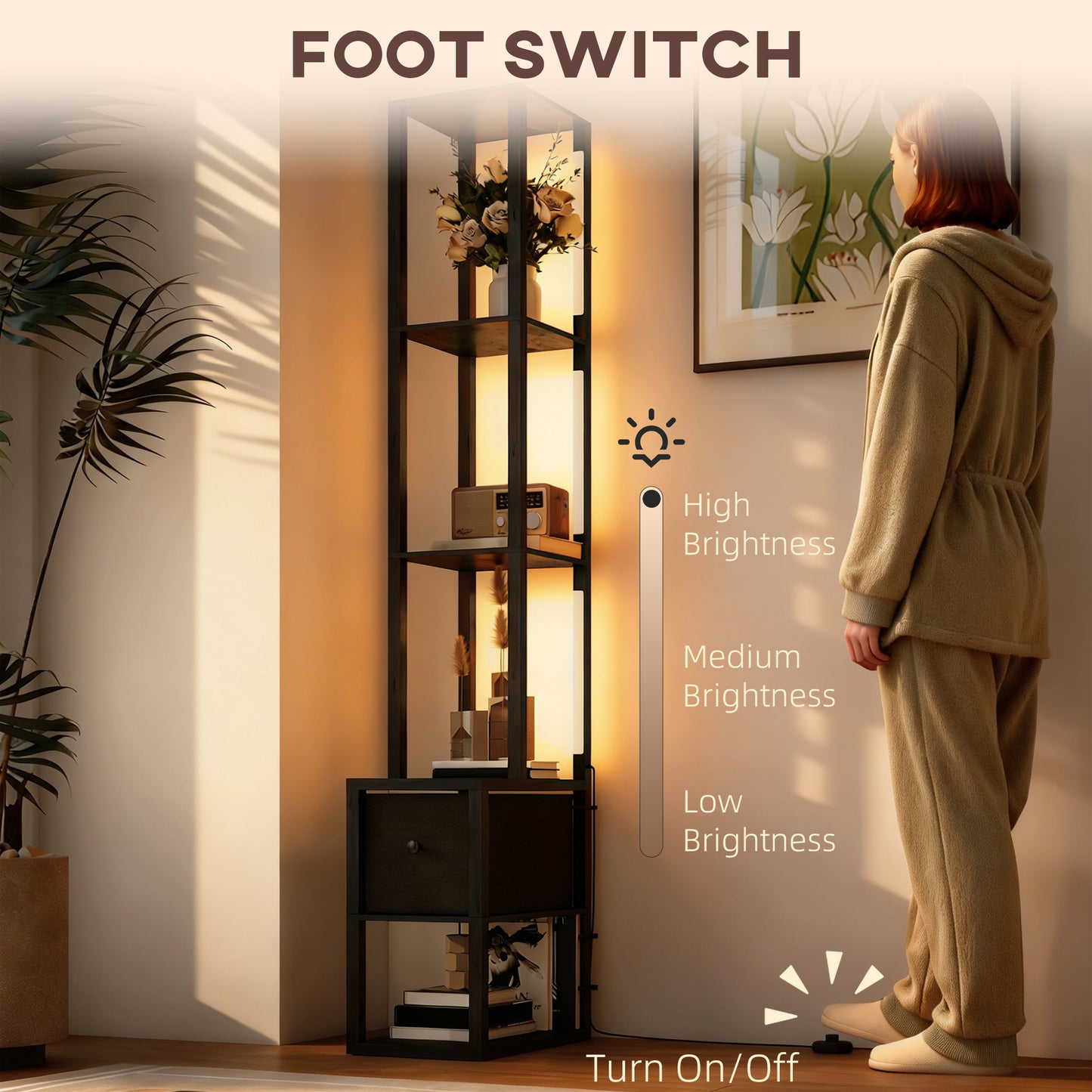 HOMCOM Floor Lamp With Shelves LED Column Modern Standing Lamp With Fabric Drawer And Foot Switch For Living Room Black