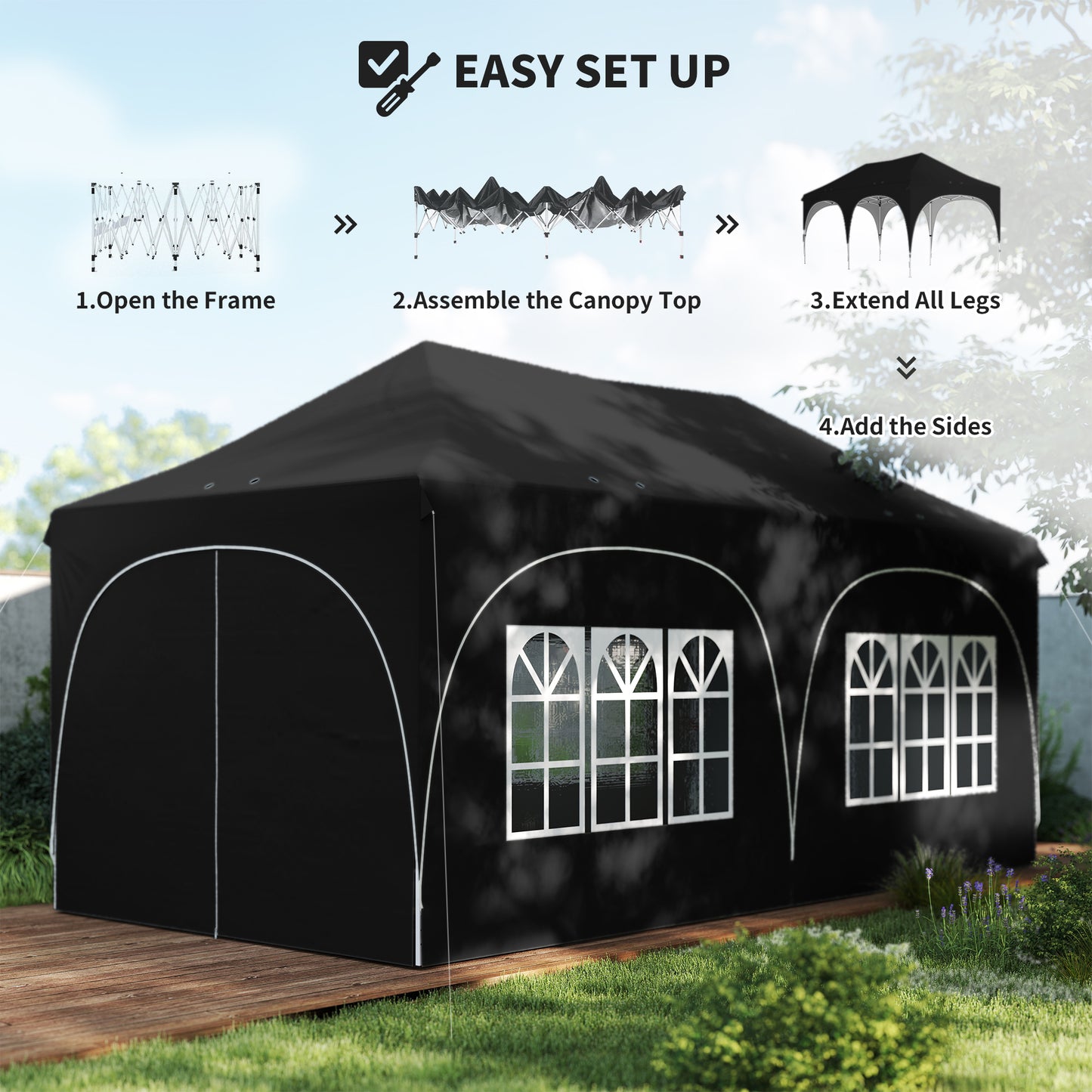 Outsunny 3x6m Pop Up Gazebo With Sides Peak Top Garden Party Tent Marquee Includes 6 Sandbags Carry Bag Black