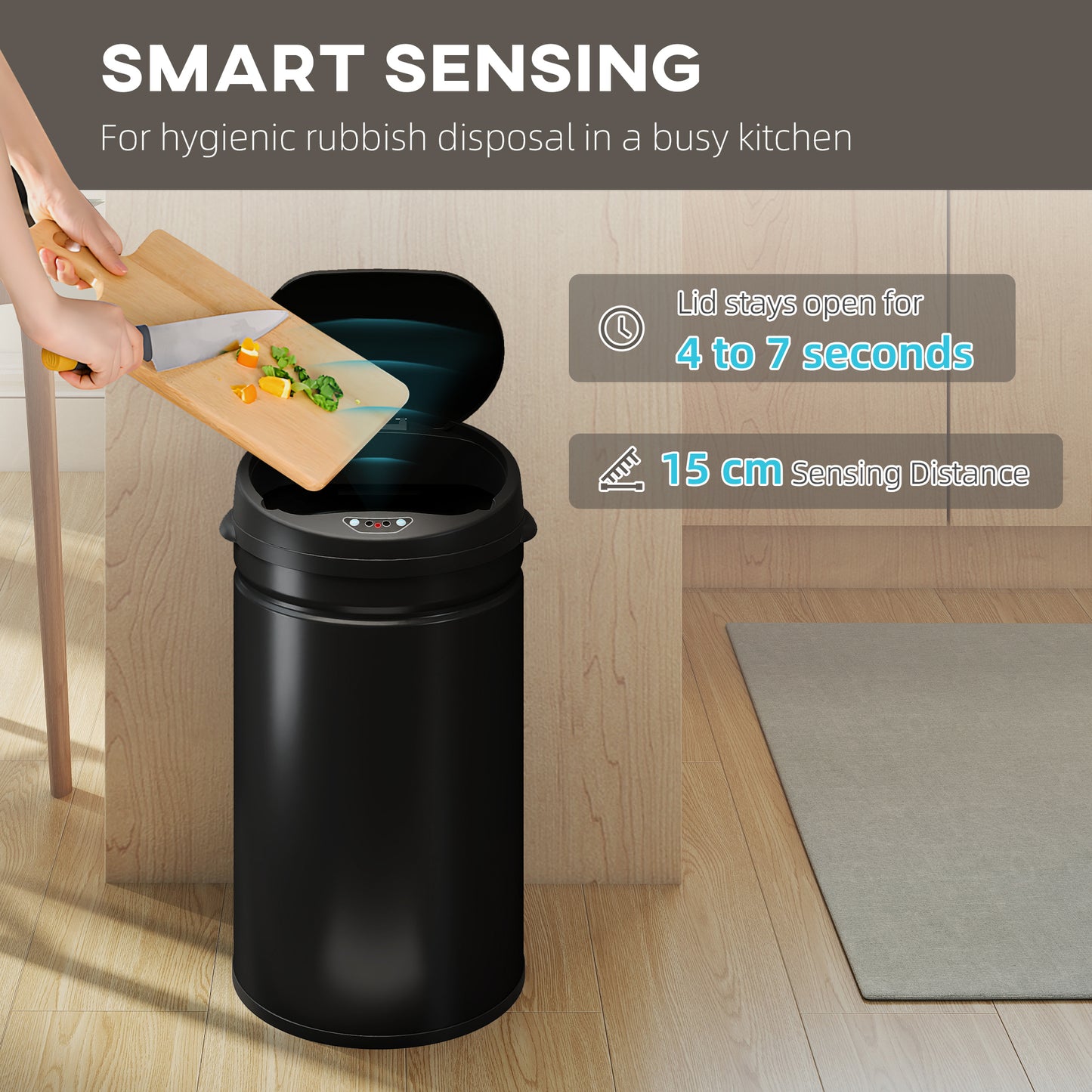 HOMCOM 30L Stainless Steel Sensor Bin Auto Open Hands Free Lid For Modern Kitchen Black