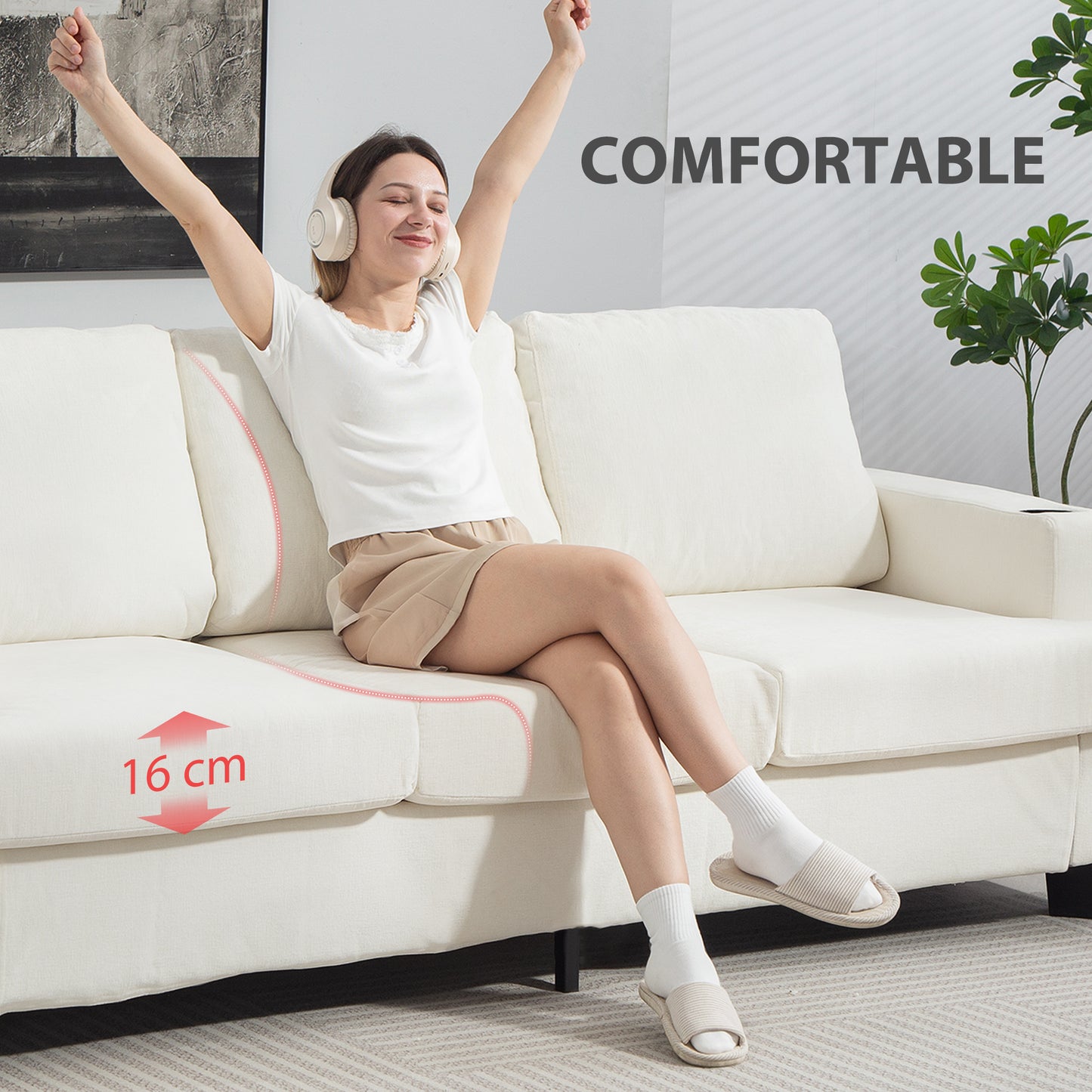 HOMCOM 3 Seater Sofa With USB Ports And Cup Holders Cream White Upholstered In Plush Chenille Fabric