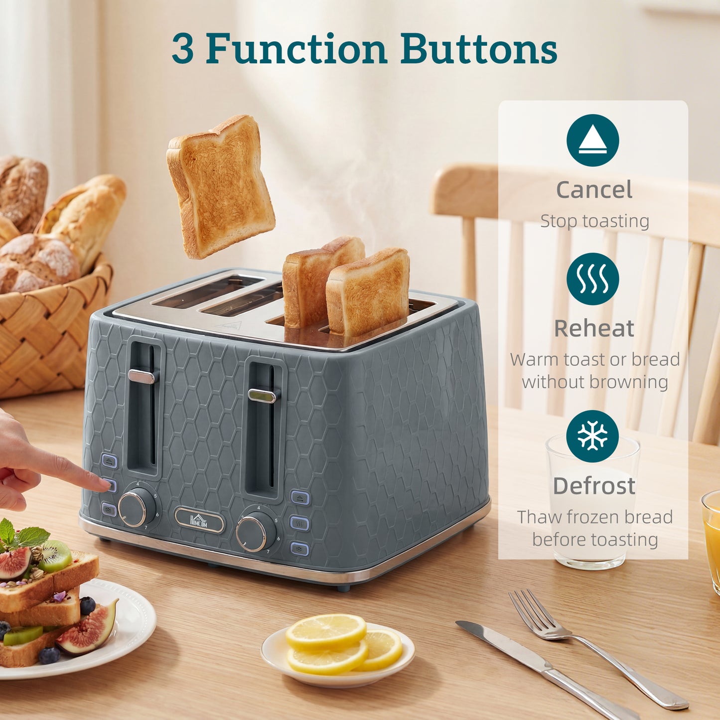 HOMCOM Kettle and Toaster Set 1.7L 3000W Fast Boil with Strix Thermostat 4 Slice Toaster 7 Browning Levels Grey