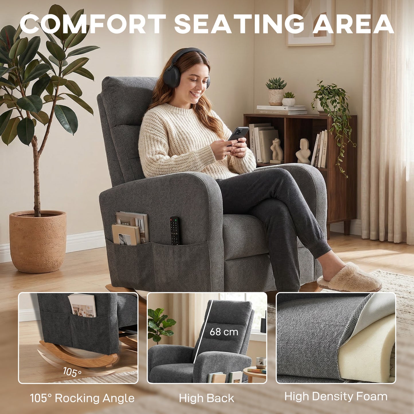 HOMCOM Upholstered Rocking Chair With Retractable Footrest High Back For Living Room Grey