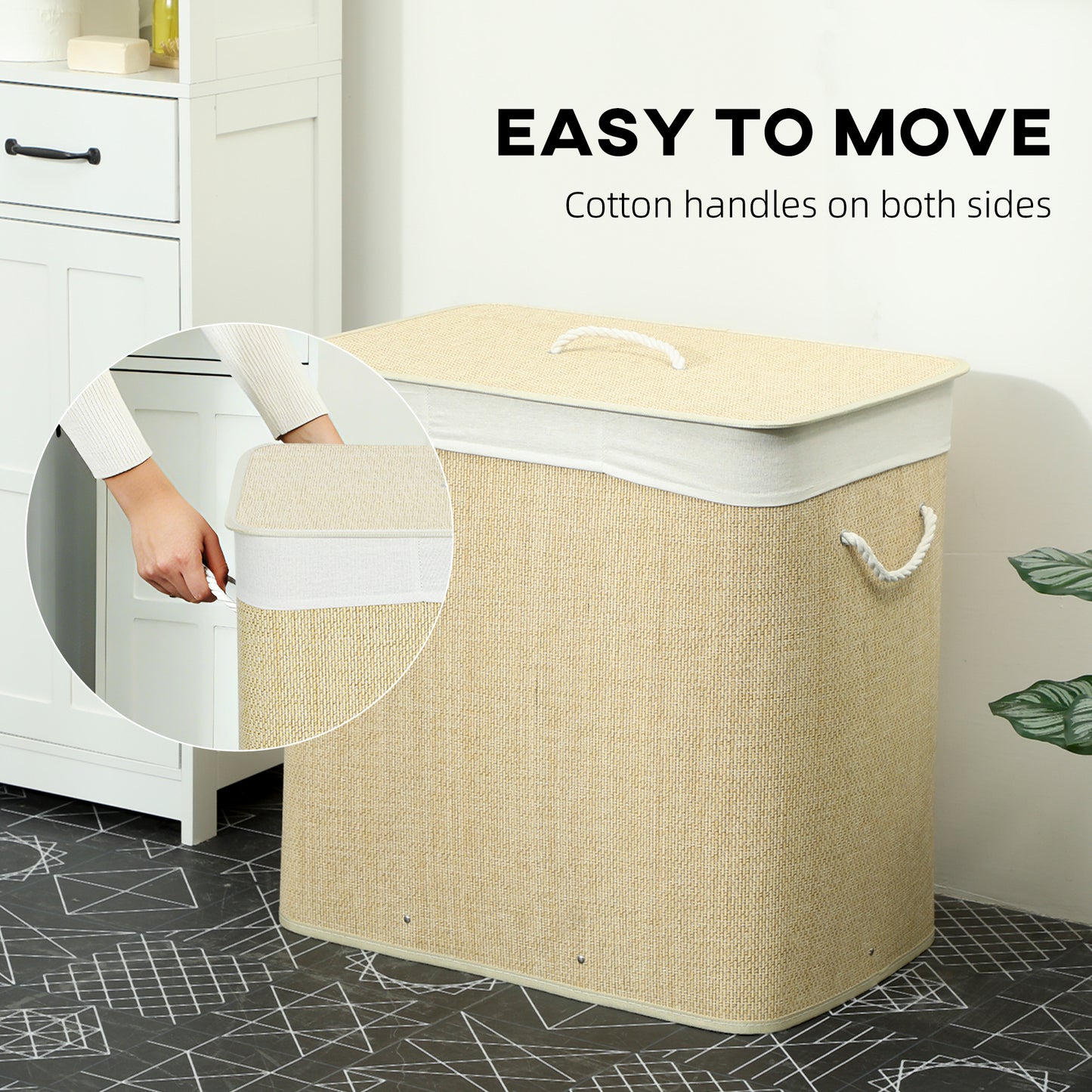 HOMCOM 3 Section Laundry Hamper With Lid 144L Bamboo Laundry Basket With Handles Removable Washable Liner Cream White