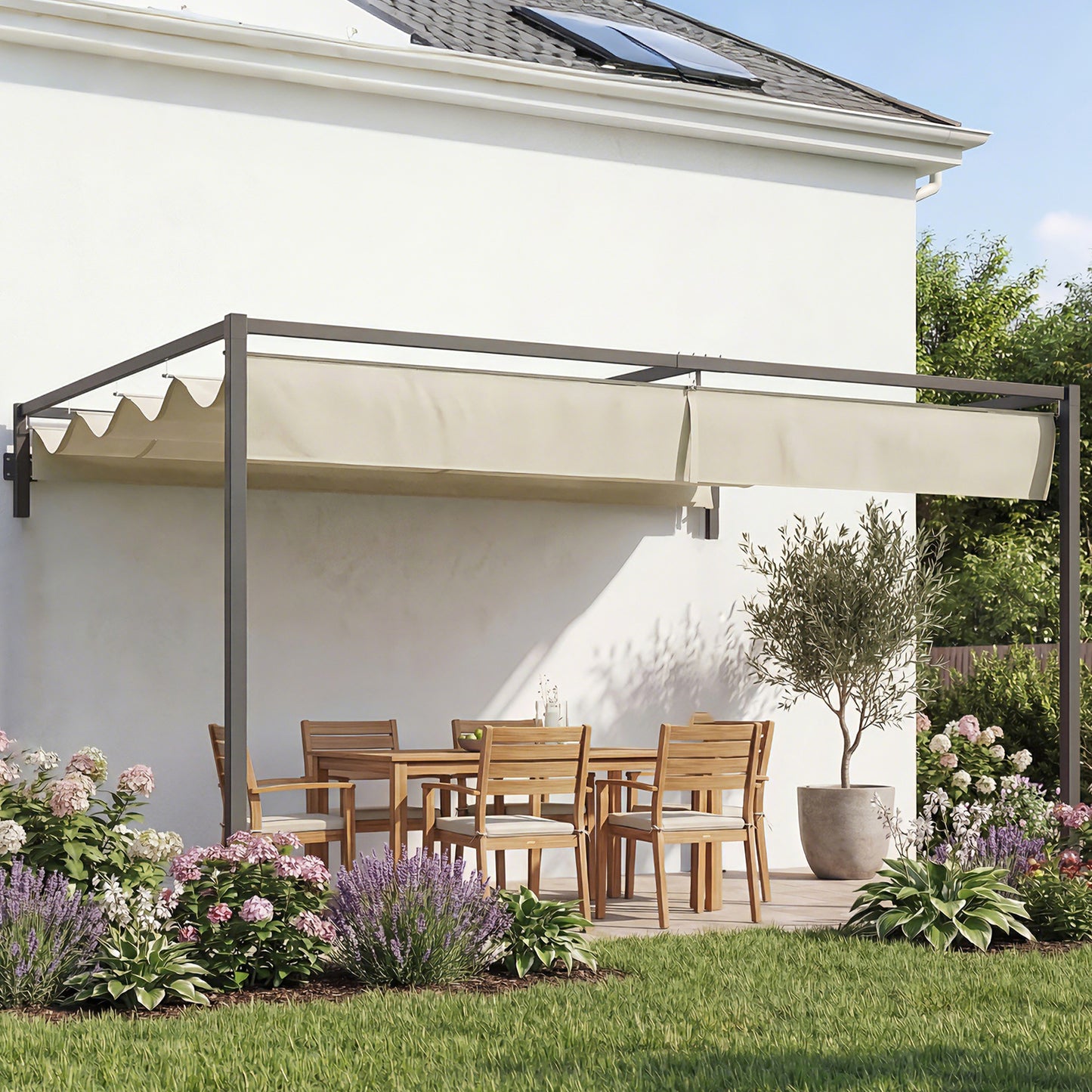 Outsunny 3x4m Steel Pergola With Retractable Canopy And Powder Coated Frame For Outdoor Khaki