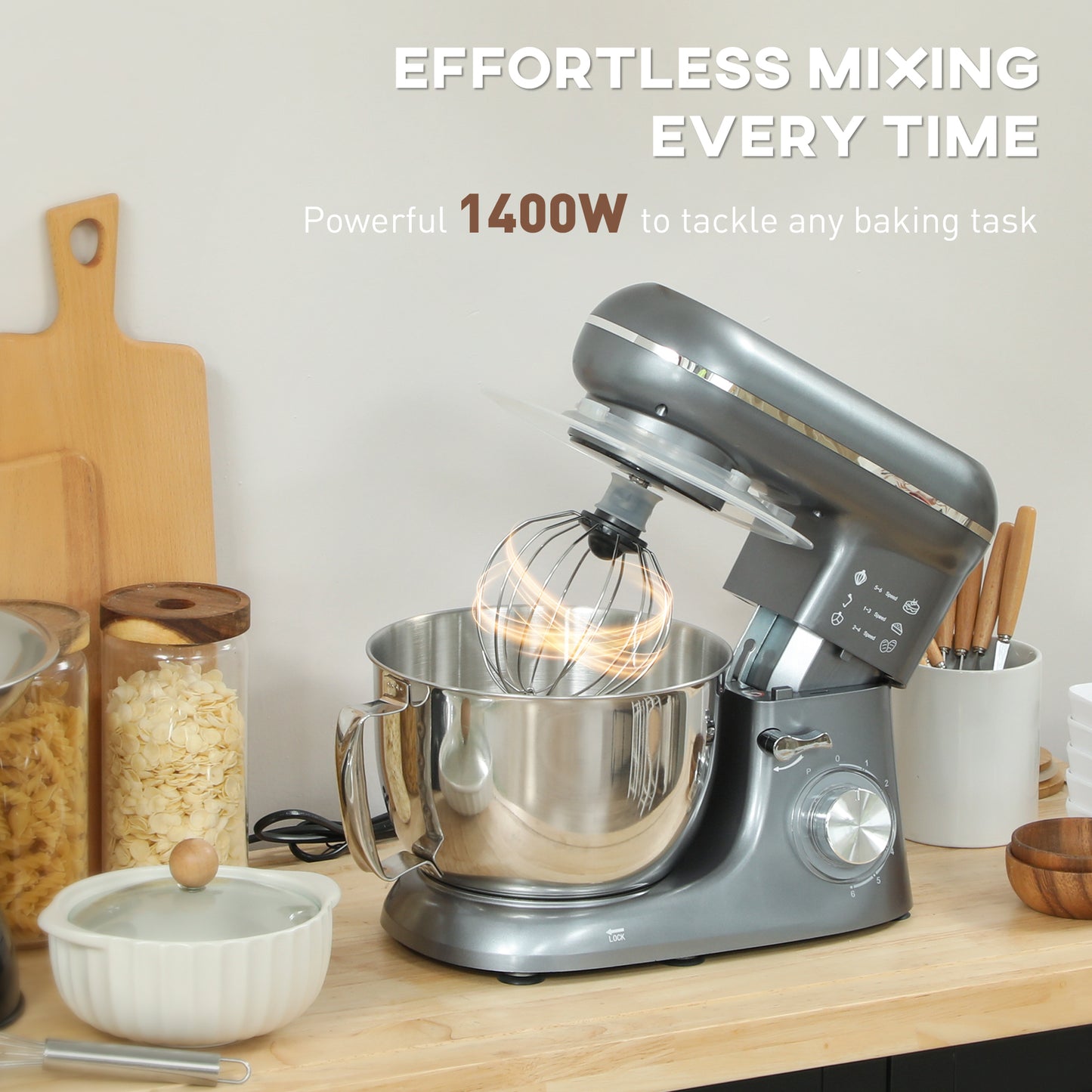HOMCOM 1300W Stand Mixer With Accessories Six Speeds Pulsation 4.5L Stainless Steel Bowl Silver