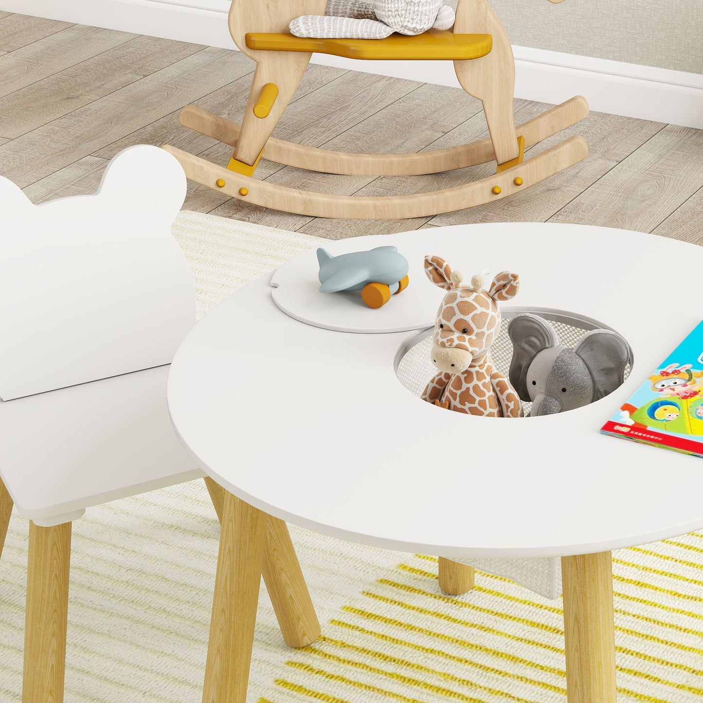AIYAPLAY 3 Piece Kids Table And Chair Set With Mesh Bag Bear Shaped Backrest For Arts And Crafts And Reading White