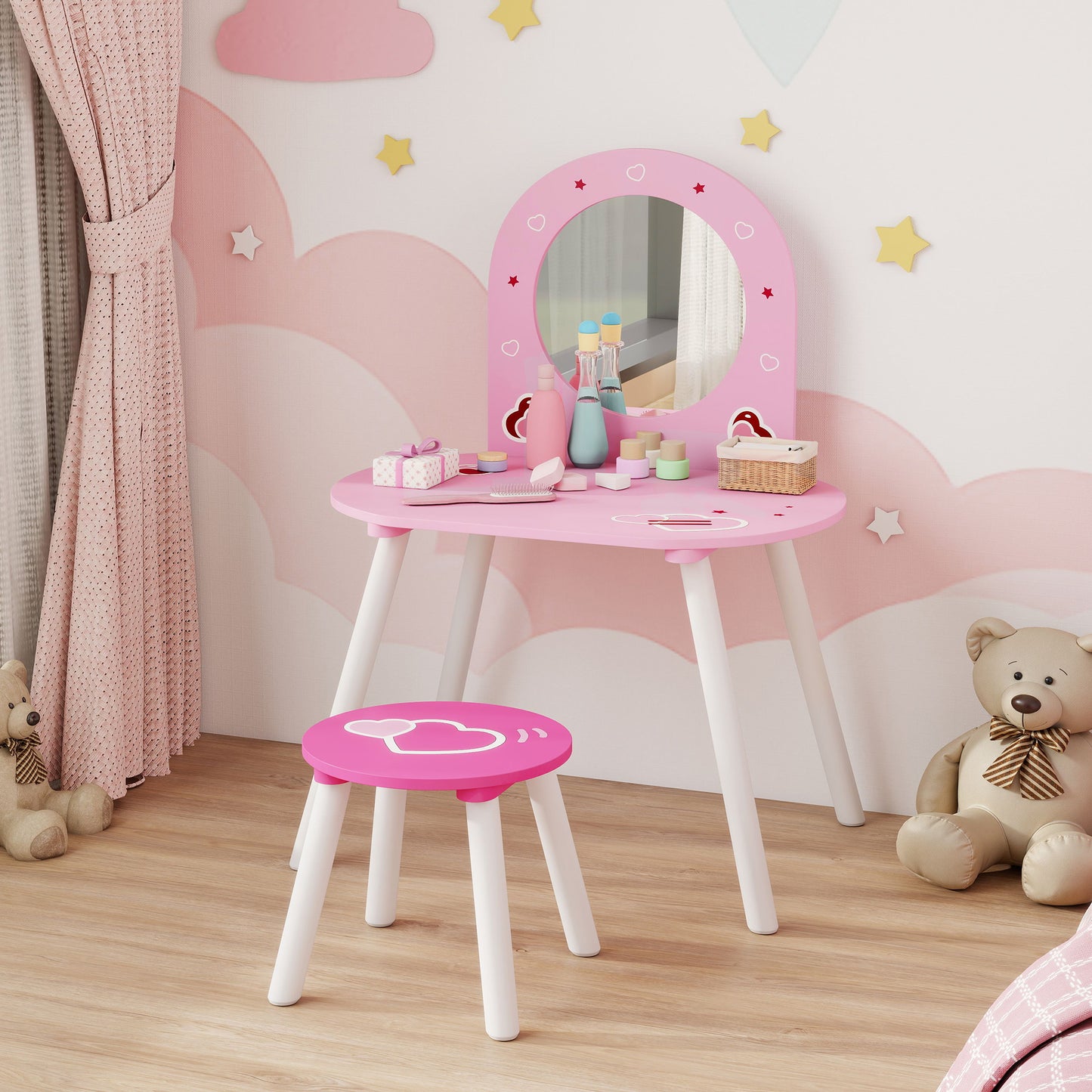 AIYAPLAY Kids Dressing Table With Mirror And Stool Vanity Set For Girls Ages 3 To 6 Pink