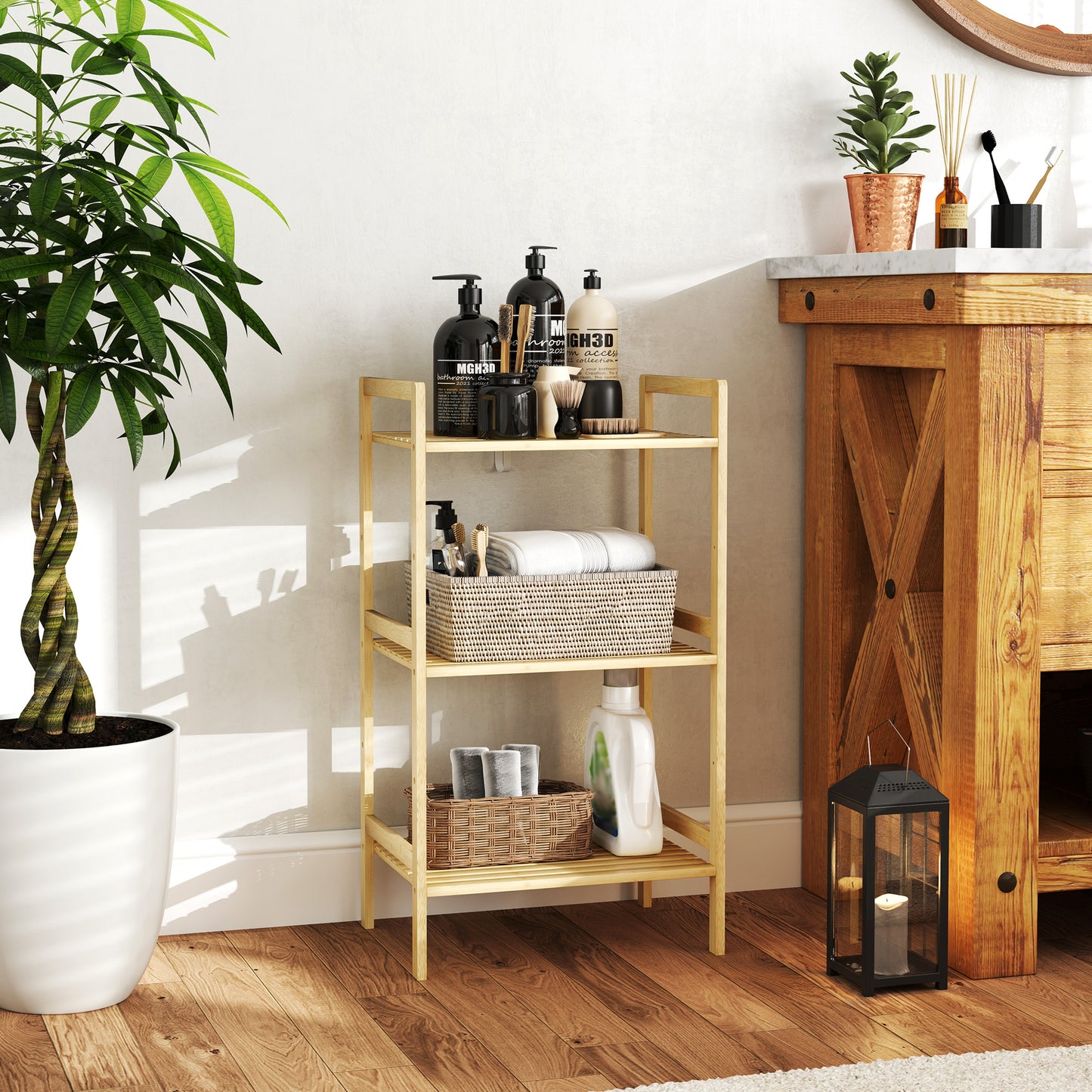 Homcom Three Tier Bamboo Adjustable Shelf Storage Unit Bathroom Moisture Resistant Organizer