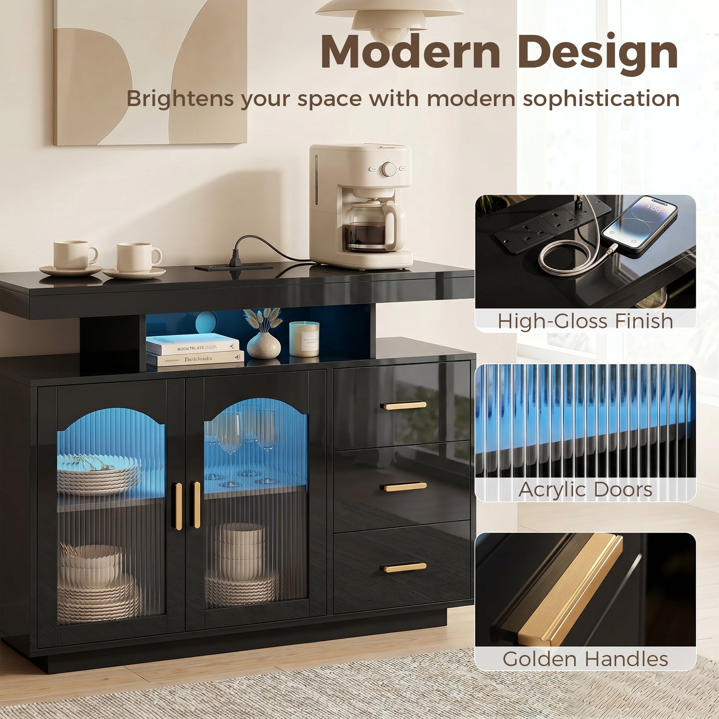 HOMCOM High Gloss Sideboard With LED Lights Built In Power Outlets 3 Drawers Shelves And 2 Acrylic Doors Black