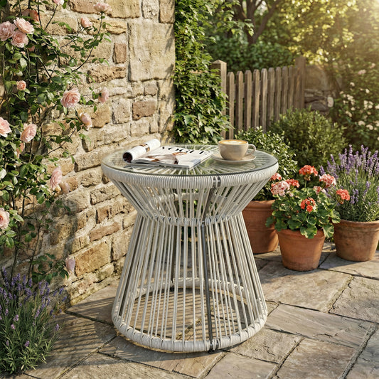 Outsunny Rattan Outdoor Coffee Table With PE Rattan Wicker And Tempered Glass Top In Light Grey