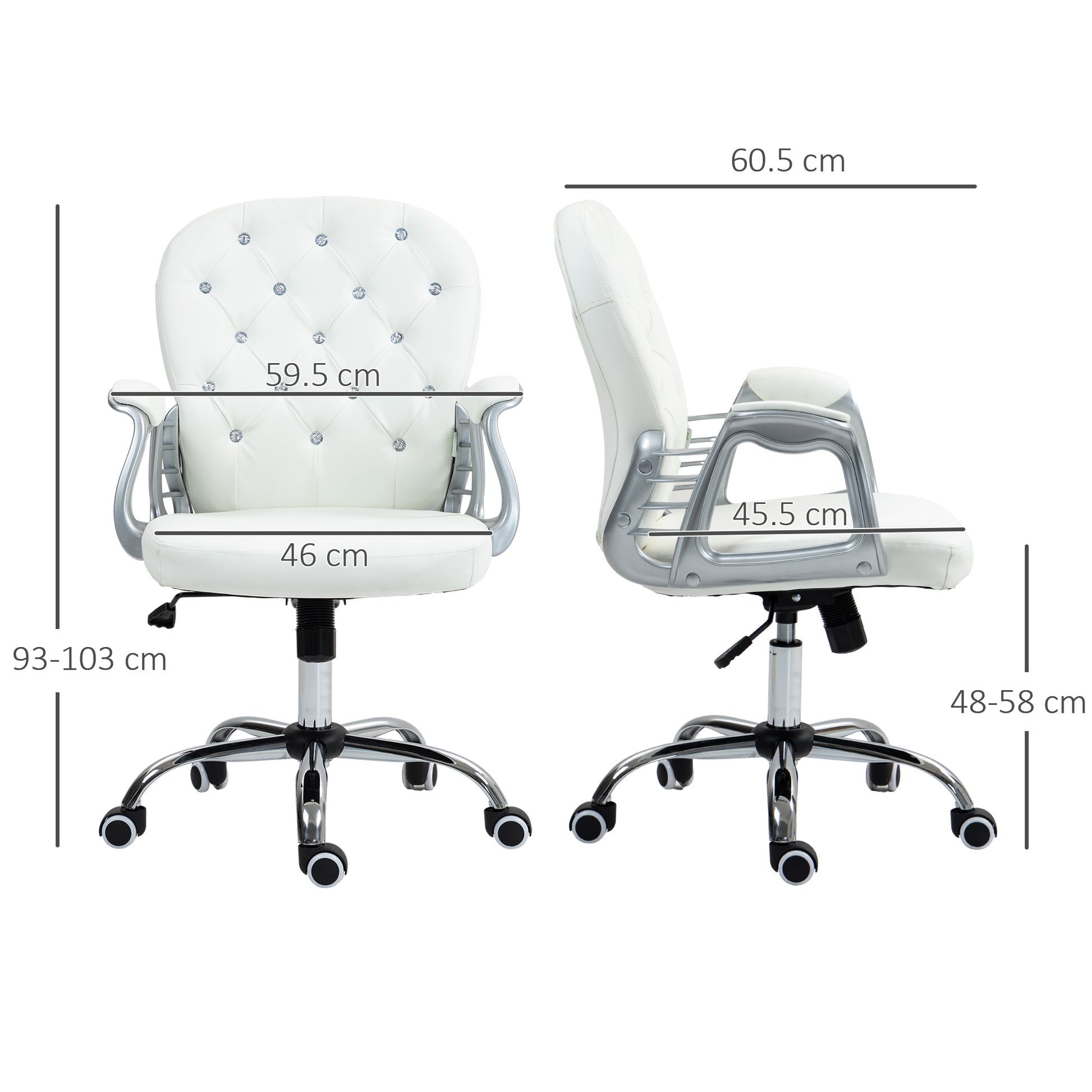 Vinsetto Glamorous Ergonomic Office Chair with Diamante Tufting and 360° Swivel - White PU Upholstery - ALL4U RETAILER LTD