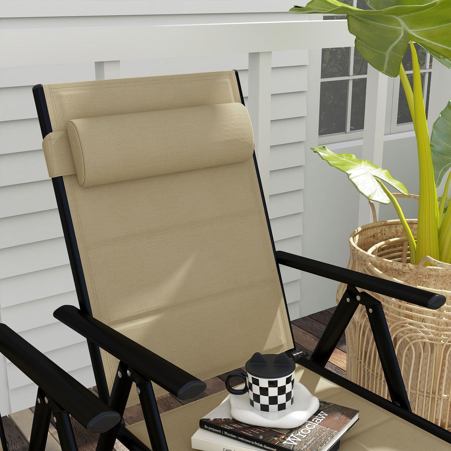 Outsunny Set of 2 Patio Folding Chairs w/ Adjustable Back, Garden Dining Chairs w/ Breathable Mesh Fabric Padded Seat, Backrest, Headrest, Khaki - ALL4U RETAILER LTD