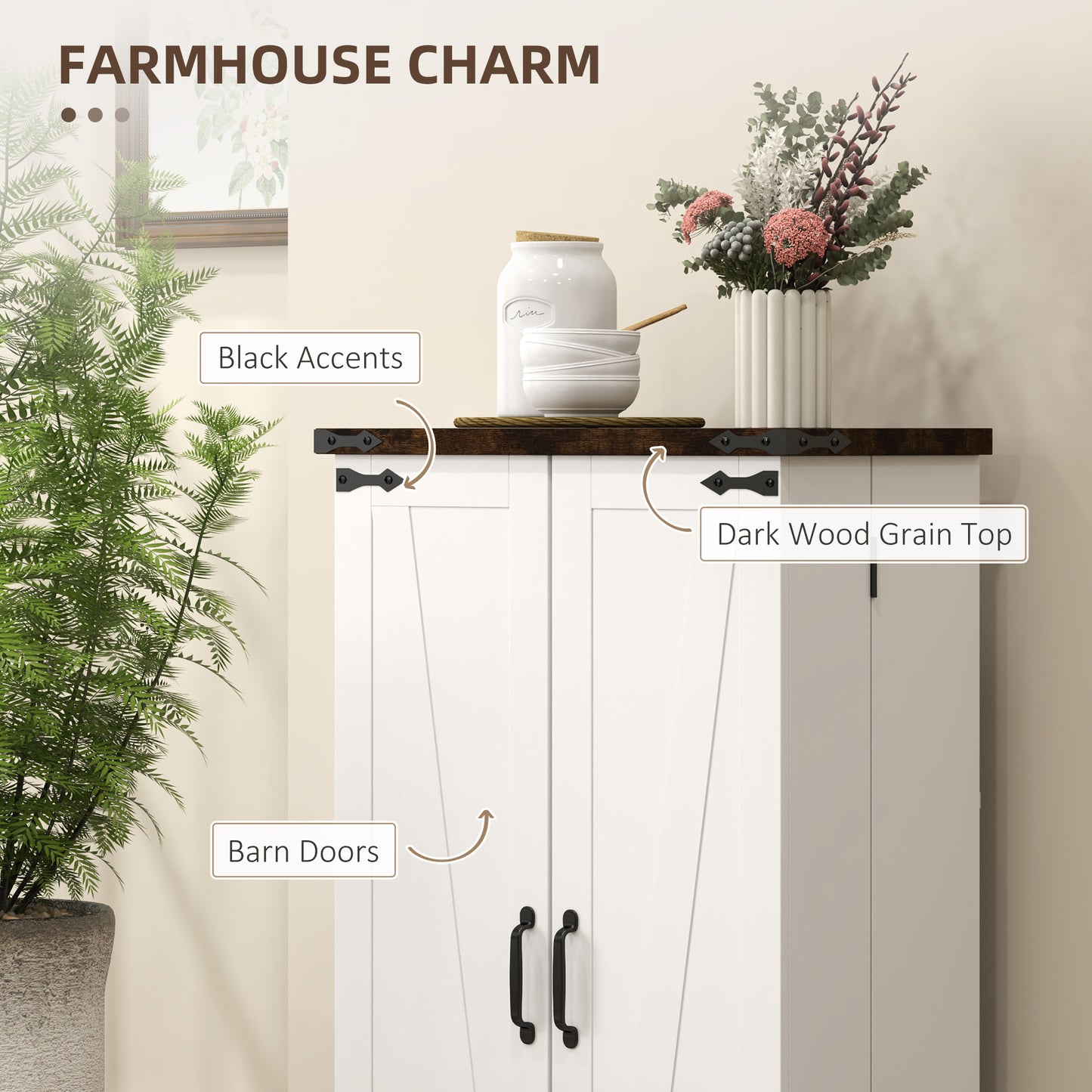HOMCOM Multi Storage Farmhouse Style Kitchen Cabinet White With Adjustable Shelves For Pantry And Kitchen Organization