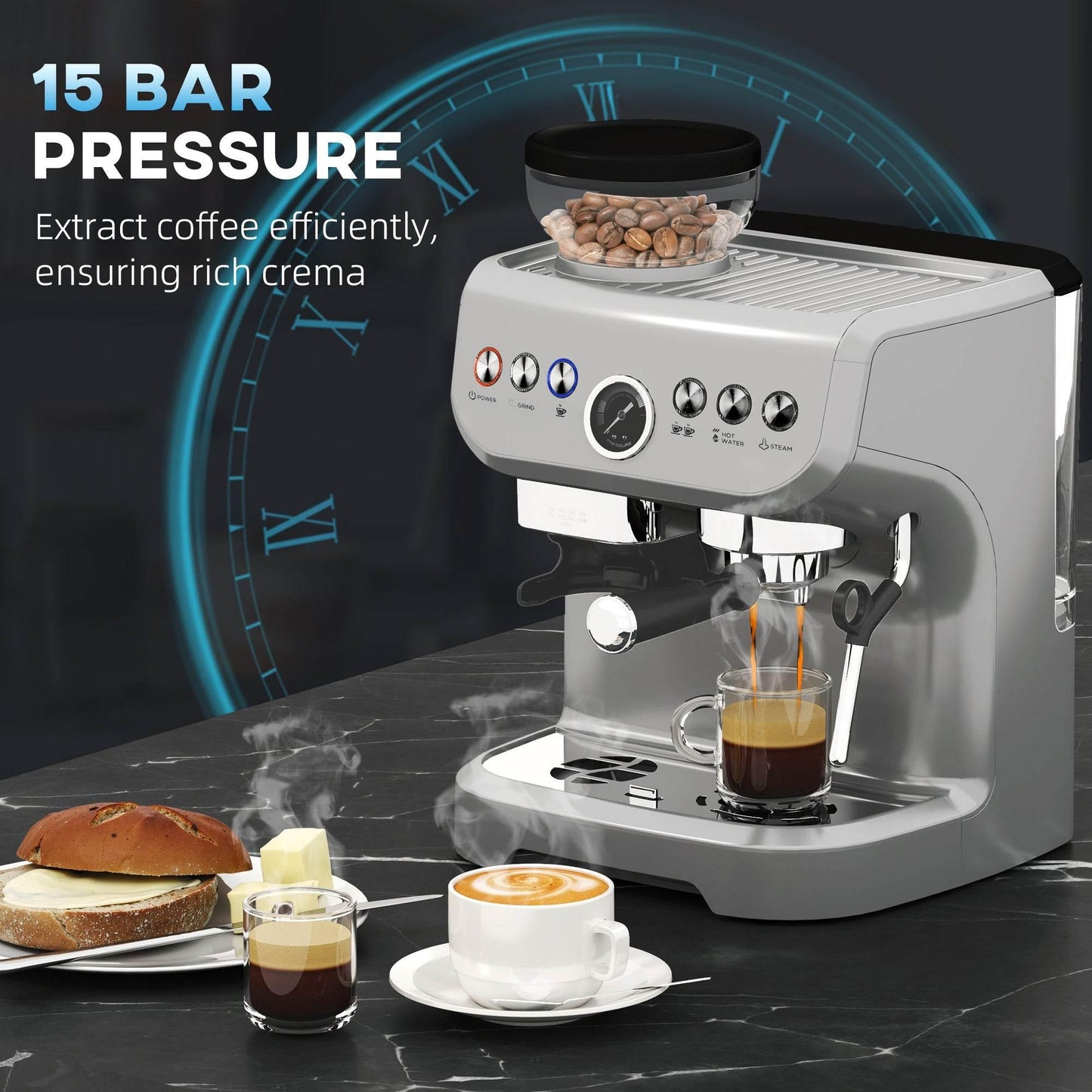 HOMCOM 15 Bar Espresso Maker with Adjustable Grind Settings and Milk Steamer - Silver Finish - ALL4U RETAILER LTD