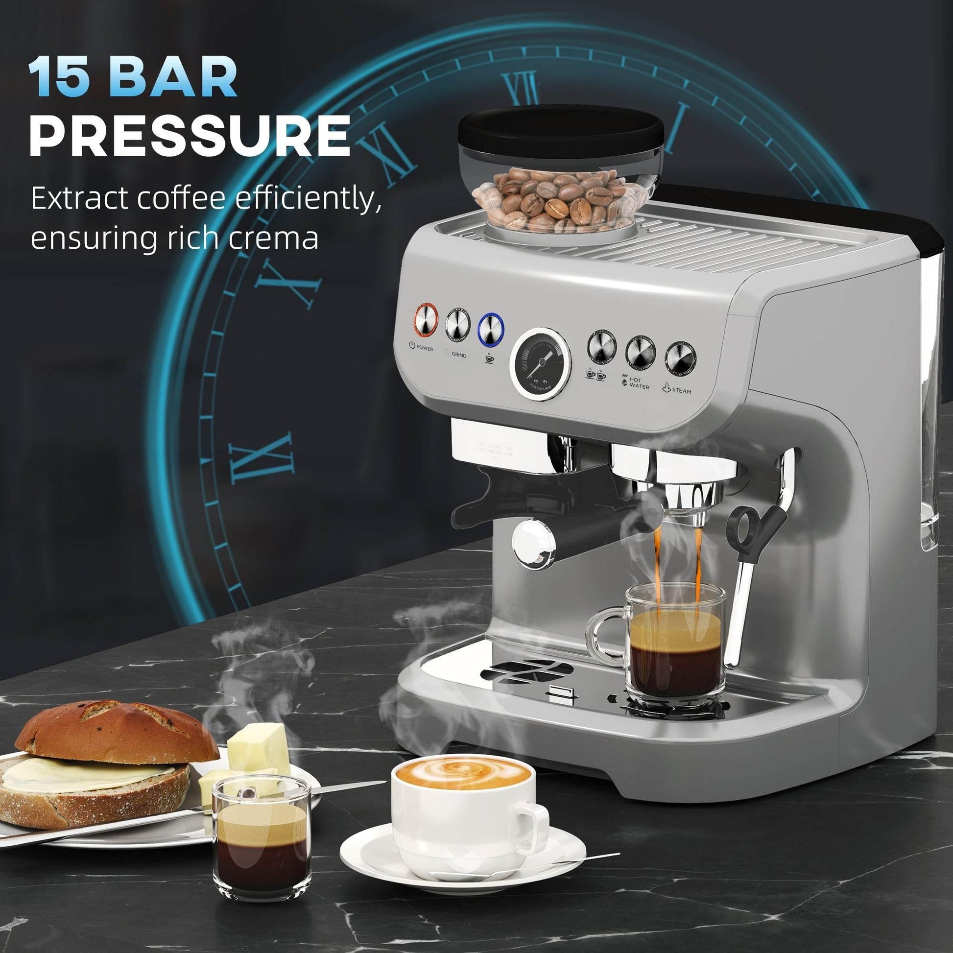 HOMCOM 15 Bar Espresso Maker with Adjustable Grind Settings and Milk Steamer - Silver Finish - ALL4U RETAILER LTD