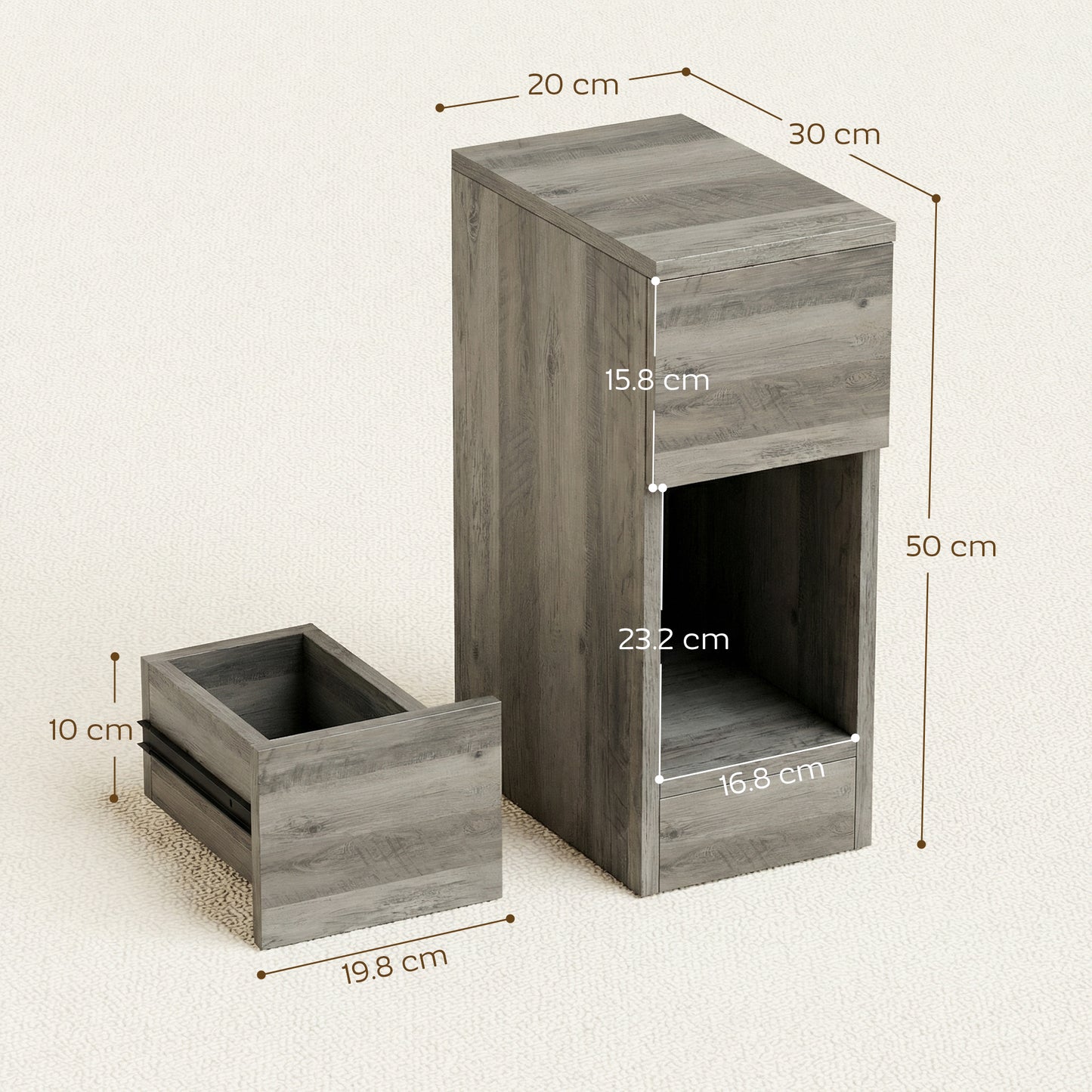 HOMCOM Set of Two Modern Storage Bedside Tables Grey With Wood Effect Tops Slim Design And Versatile Nightstands
