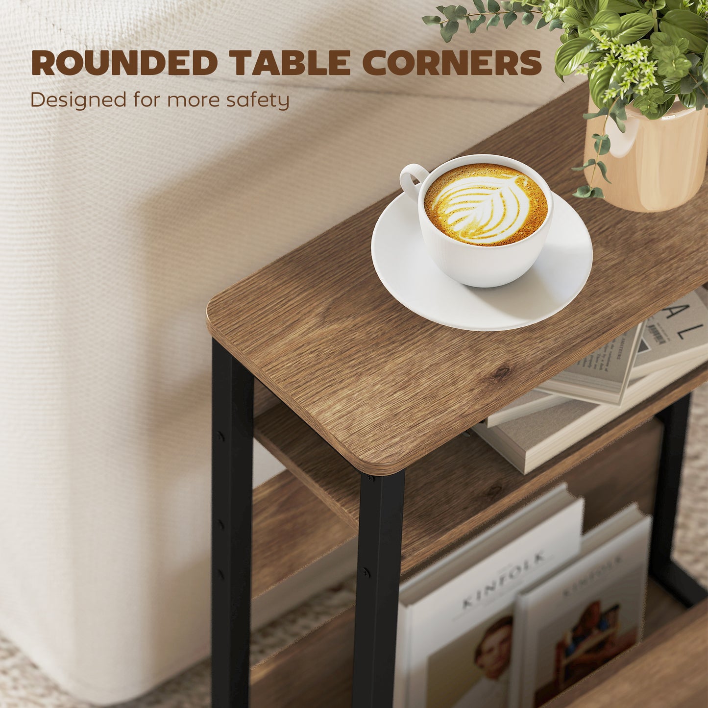 HOMCOM Industrial Style Side Table Black Walnut Brown With Two Shelves Nightstand Sofa Table