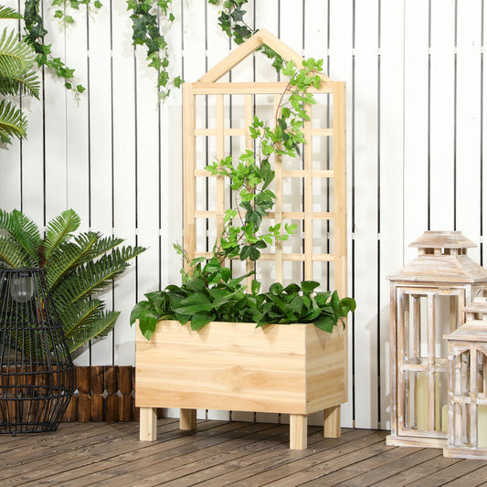 Outsunny Garden Planters With Back Trellis For Vine Climbing Distressed Wooden Raised Beds 90x43x150 cm Natural Tone