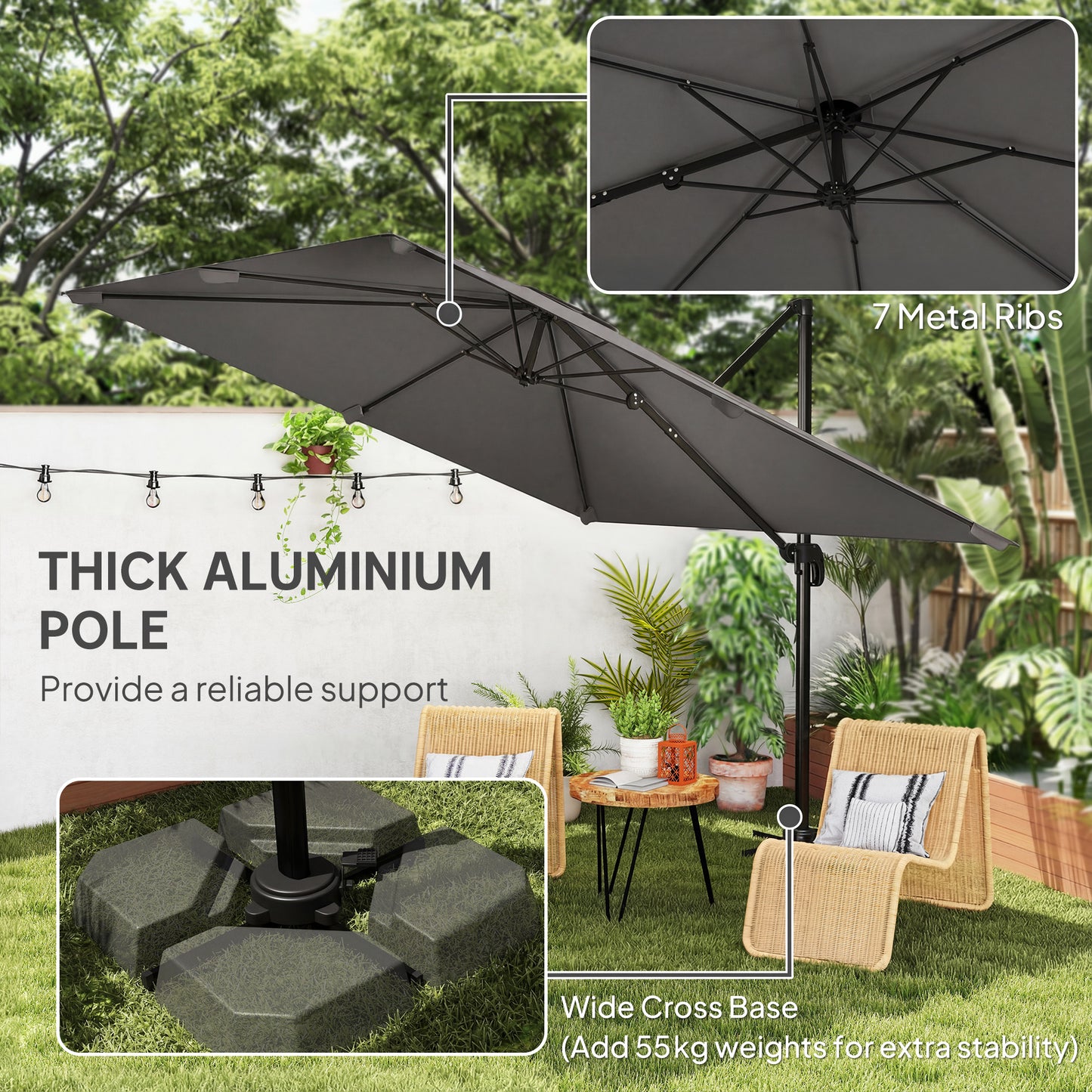Outsunny 3m Cantilever Parasol Square Patio Umbrella With Crank, Cross Base, Tilt And 360 Degree Rotation, Dark Grey