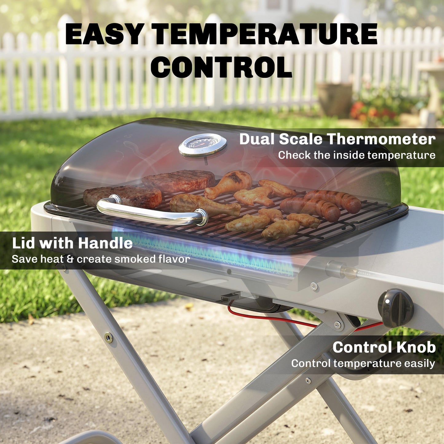 Outsunny Foldable Gas BBQ Grill With Side Table Portable 2.5 KW Thermometer Grease Box Wheels Black