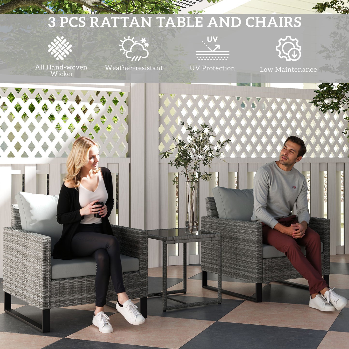 Outsunny 3 Piece Rattan Bistro Set With 4 Cushions Wicker Garden Furniture Glass Top Table For Outdoor Patio Grey