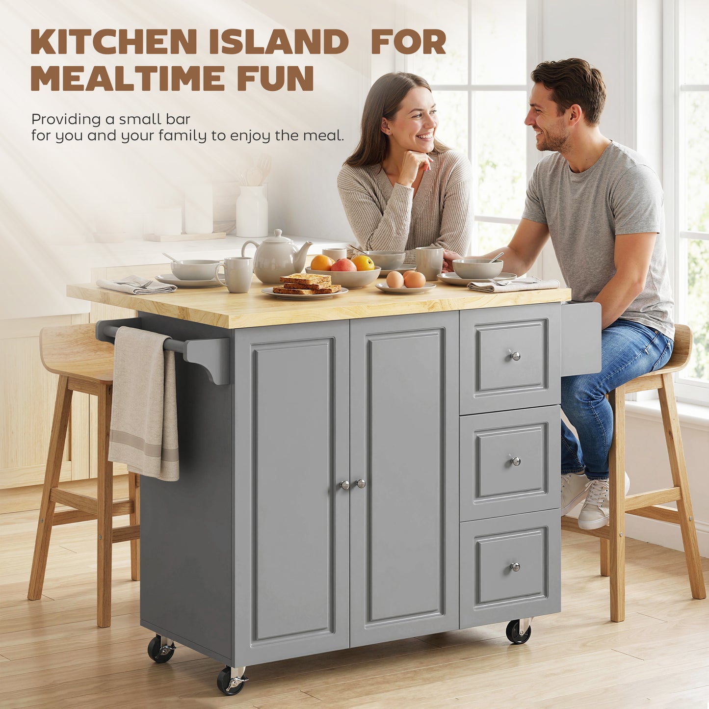 HOMCOM Kitchen Island On Wheels With Drop Leaf And Spice Rack Rolling Storage Trolley With Drawers Grey