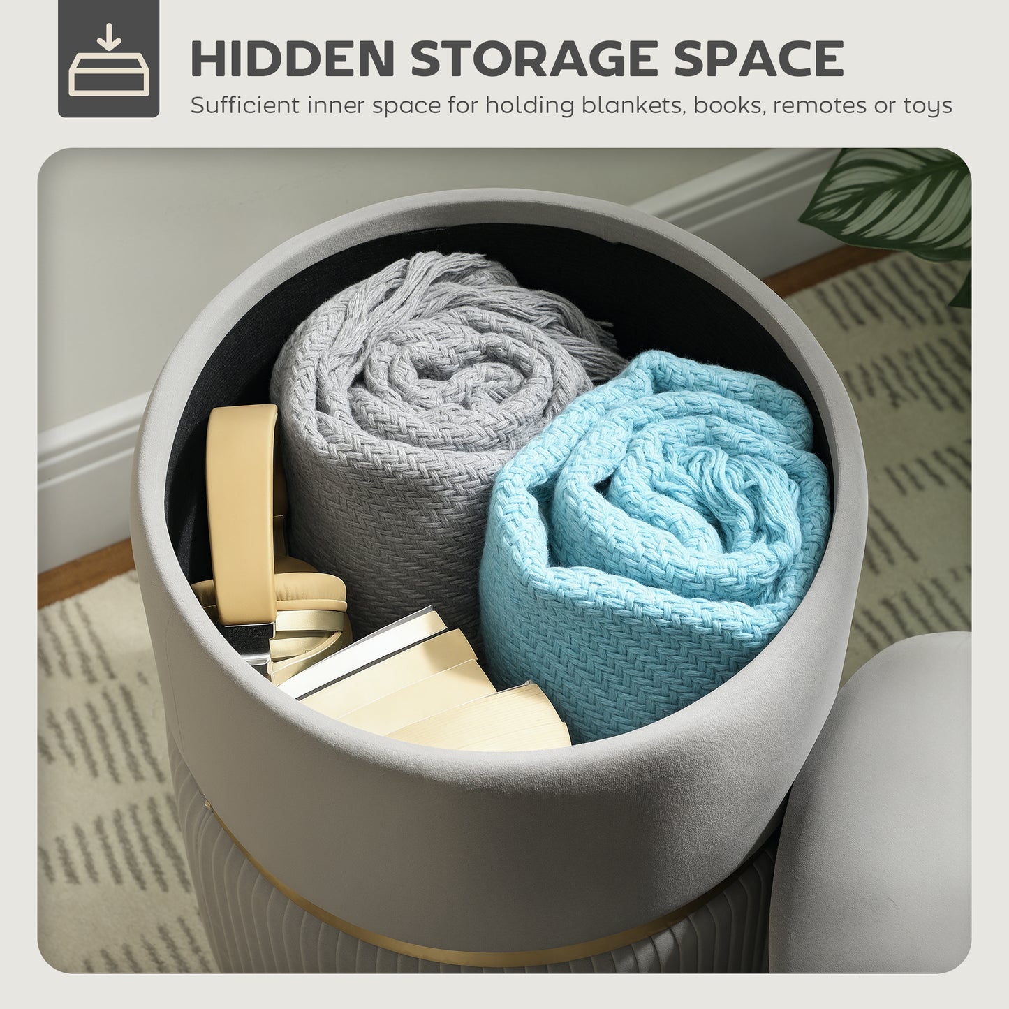 HOMCOM Velvet Feel Storage Ottoman With Under Seat Storage In Light Grey For Living Room