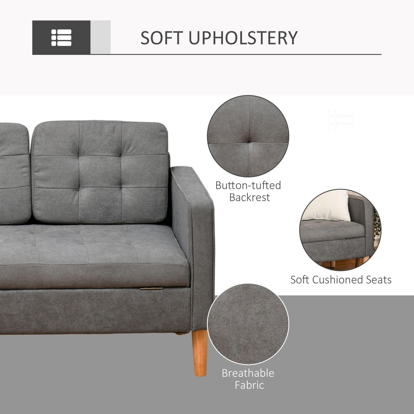 HOMCOM Compact 3 Seater Sofa with Hidden Storage and Rubber Wood Legs Grey - ALL4U RETAILER LTD