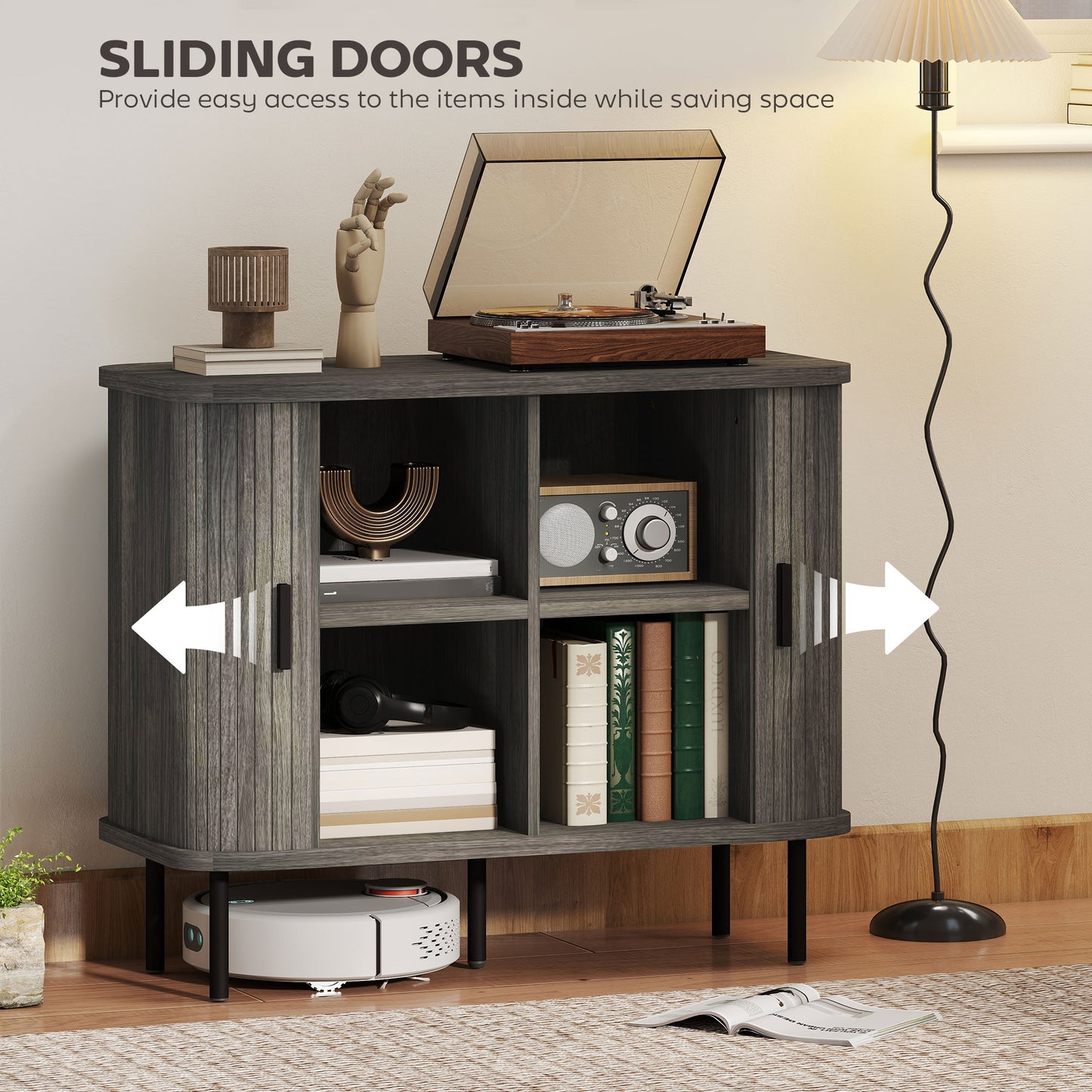 HOMCOM Mid Century Modern Sideboard Storage Cabinet With Slatted Tambour Doors Grey Kitchen Unit With Steel Legs