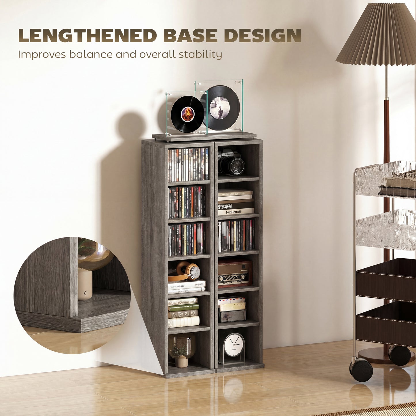 HOMCOM Set Of 2 Distressed Grey CD Media Display Shelves With Adjustable Shelves And Six Compartments Tower Rack