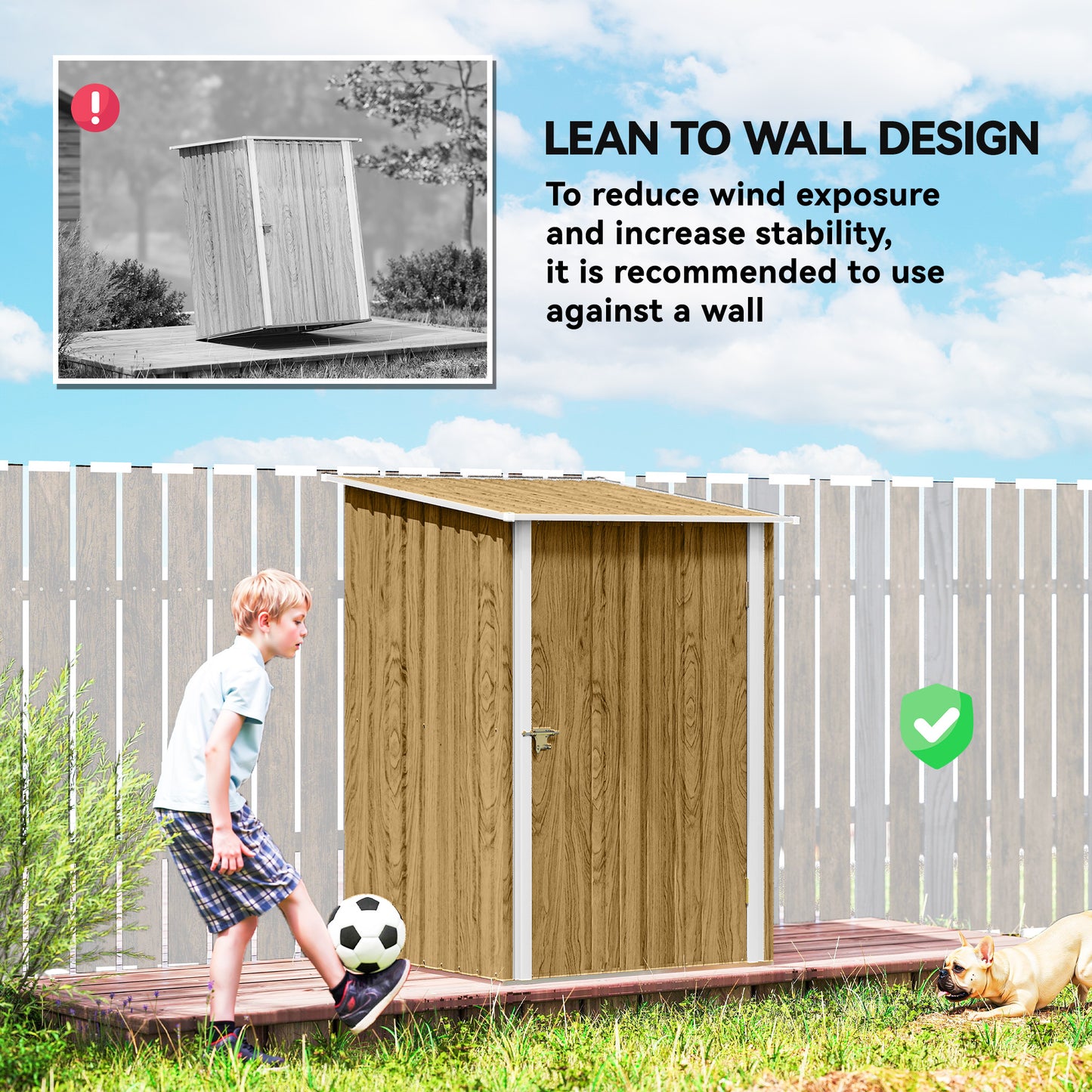 Outsunny Lean To Steel Garden Shed 3.3 By 3.4 Ft With Locking Door Light Brown Wood Effect And White