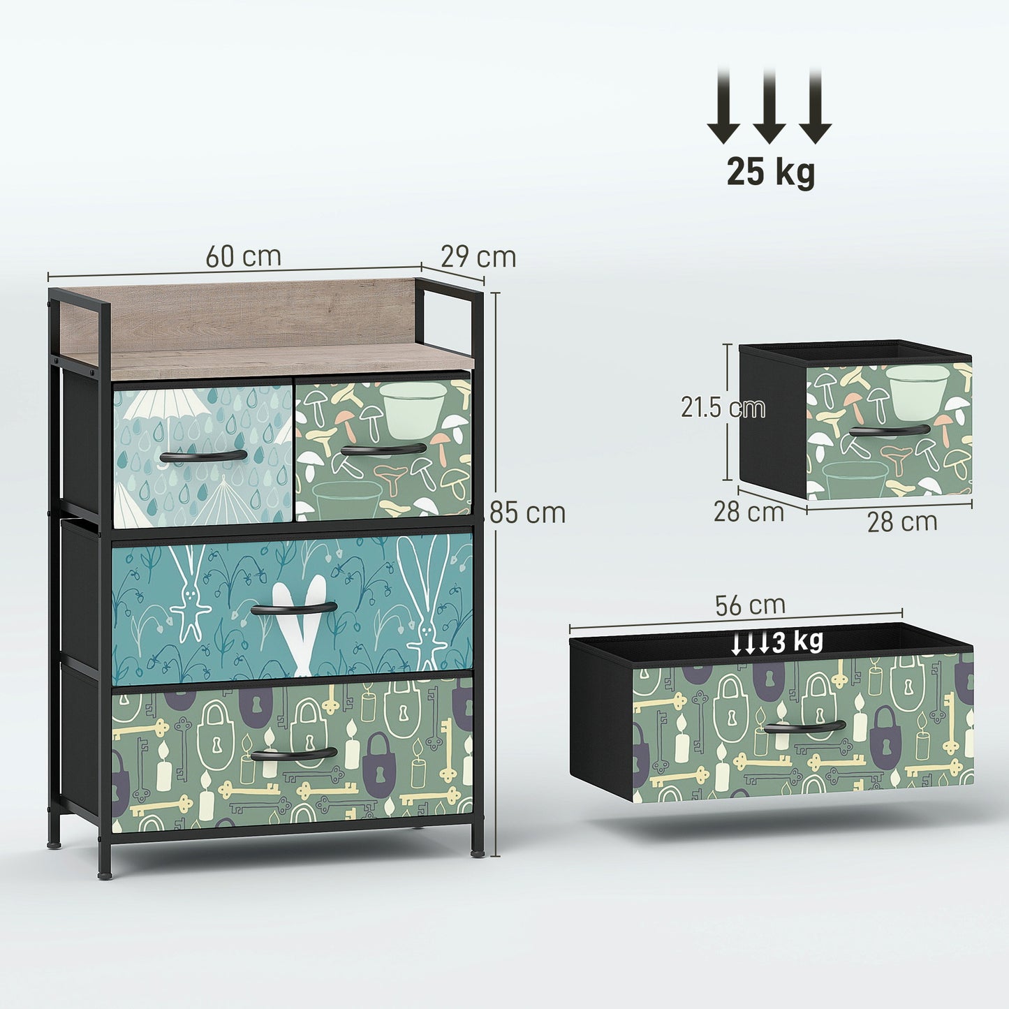 HOMCOM 4 Drawer Chest of Drawers in Blue with Removable Fabric Drawers and Patterned Panels for Stylish Bedroom Storage