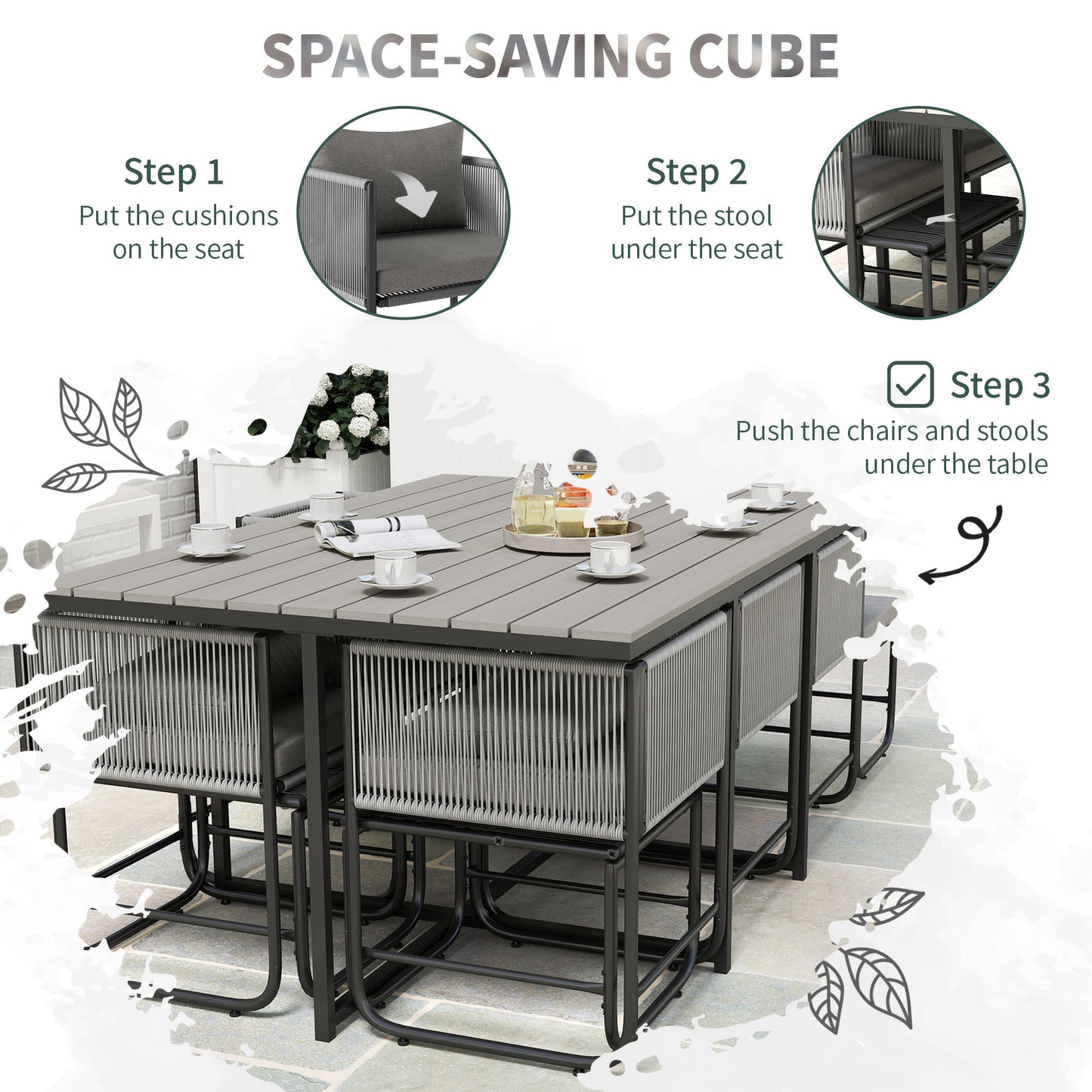 Outsunny 10 Seater Rattan Cube Garden Furniture Set With Cushions 6 Armchairs 4 Stools Wood Grain Table Grey