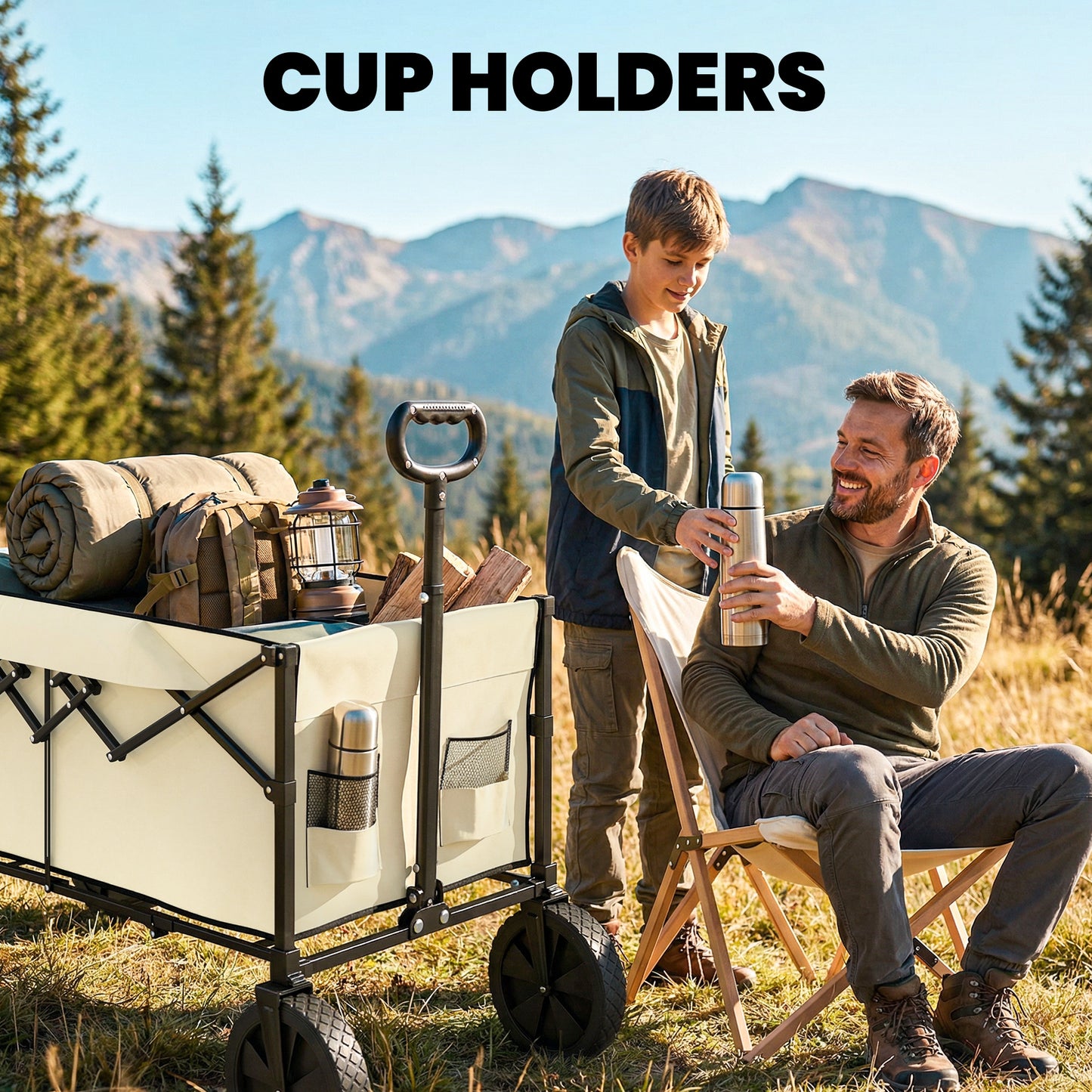 Outsunny 95L Foldable Festival Trolley On Wheels With Adjustable Handle And 2 Cup Holders Khaki