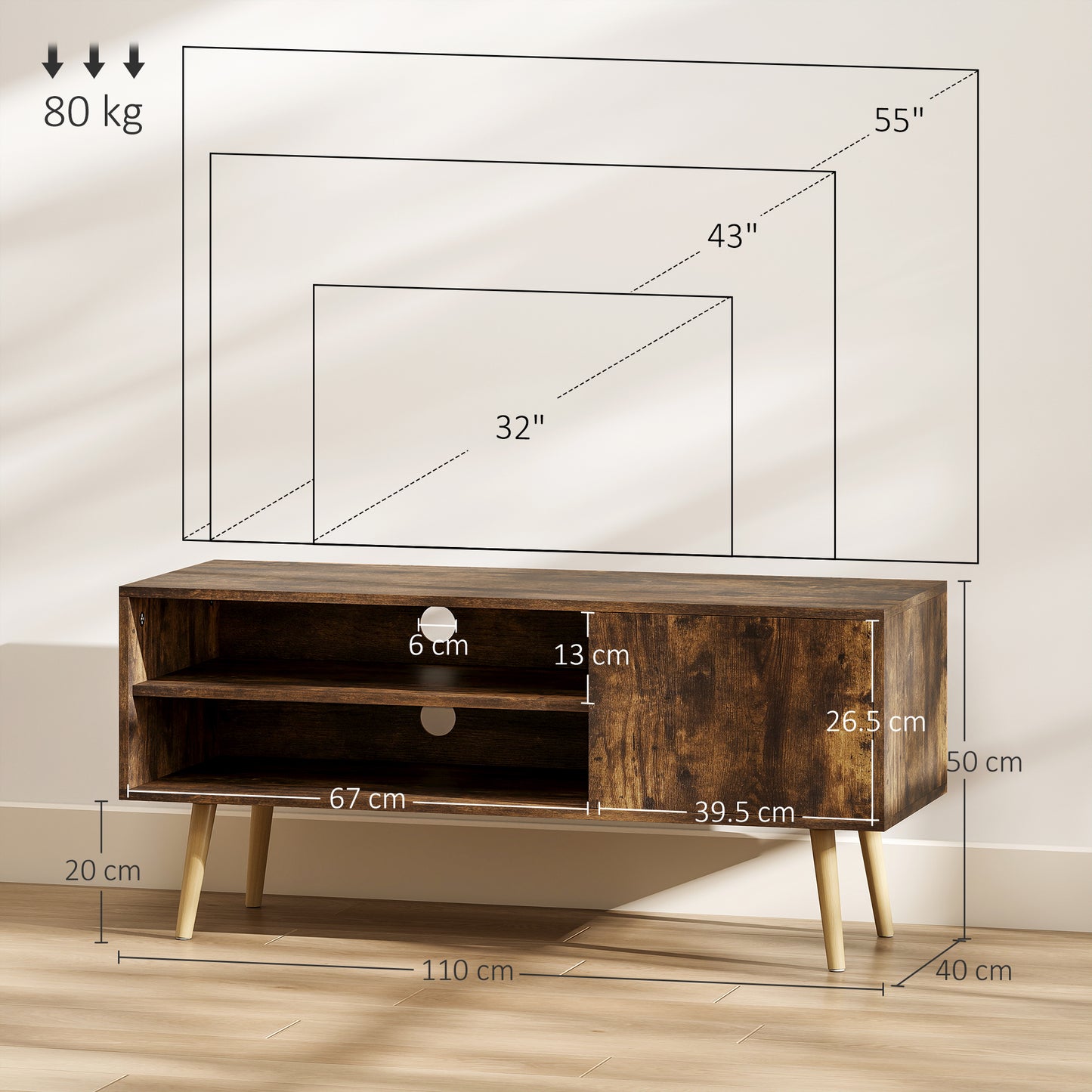 HOMCOM TV Stand For 55 Inch TVs With Open Shelves And Cable Holes Brown Finish Two Storage Shelves And Cupboard