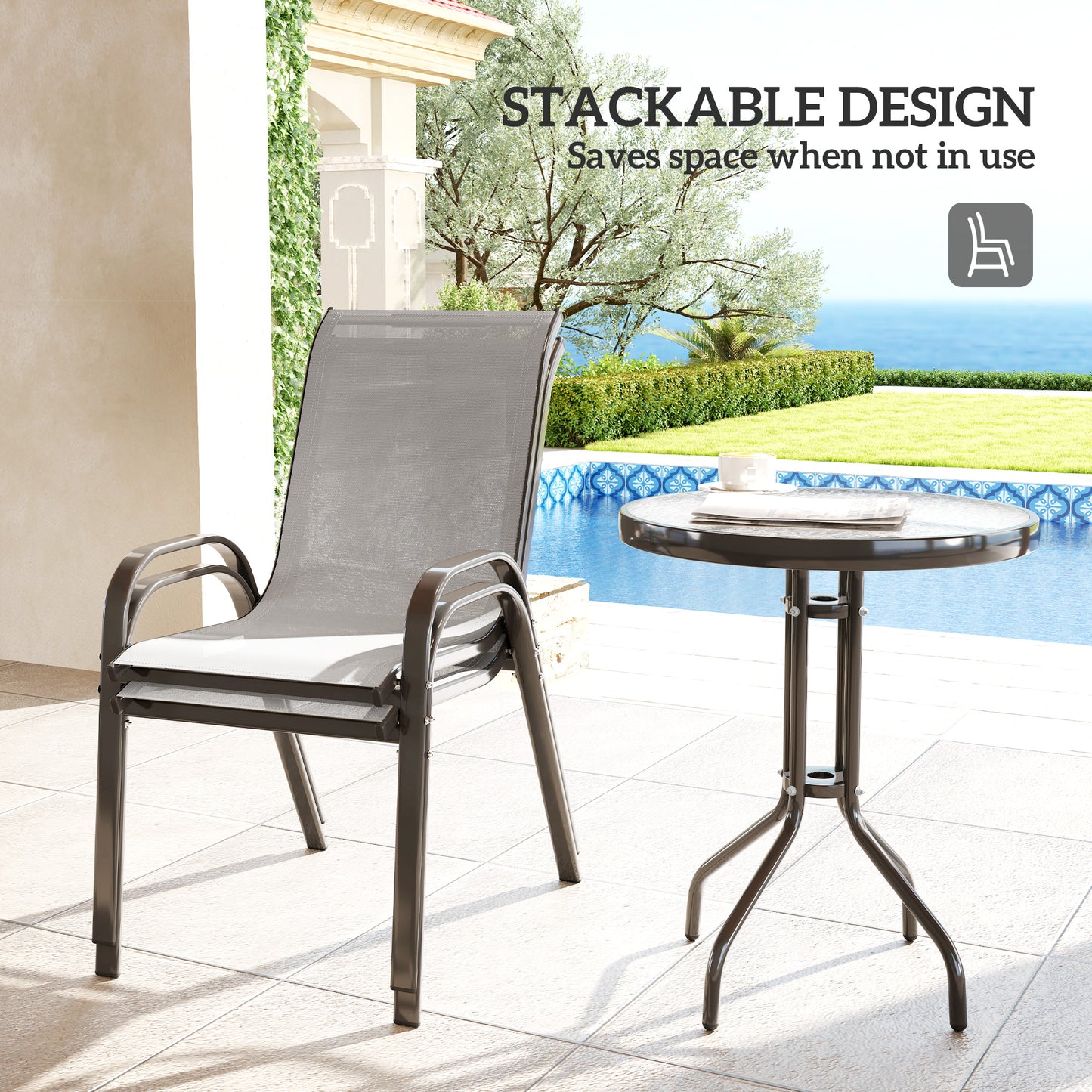 Outsunny Three Piece Outdoor Garden Set In Light Grey With Round Table And Stackable Chairs For Patio And Garden