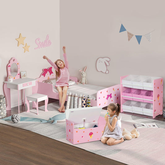 ZONEKIZ 5PCs Kids Furniture Set W/ Bed Toy Box Vanity Table Storage Unit, Pink - ALL4U RETAILER LTD