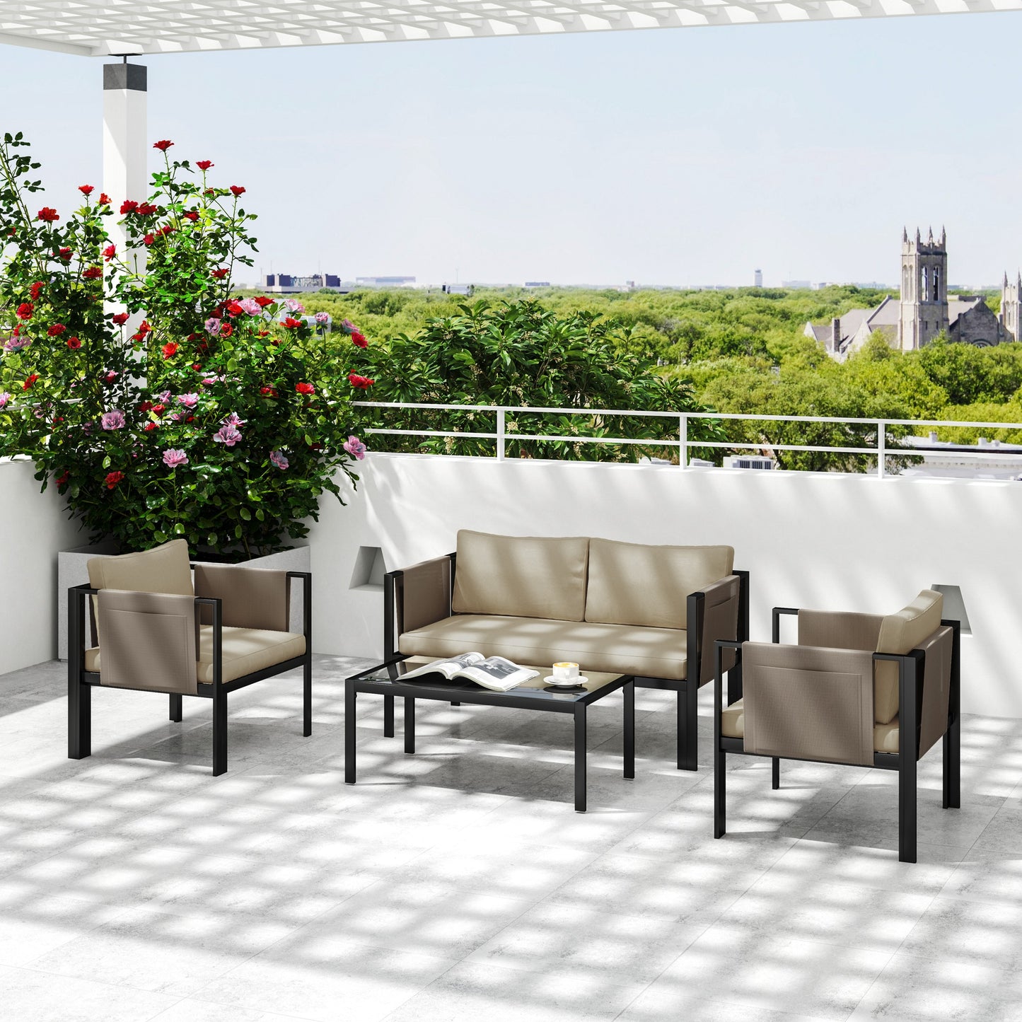 Outsunny 4 Piece Metal Garden Furniture Set With Tempered Glass Coffee Table And Cushioned Armchairs Khaki Outdoor