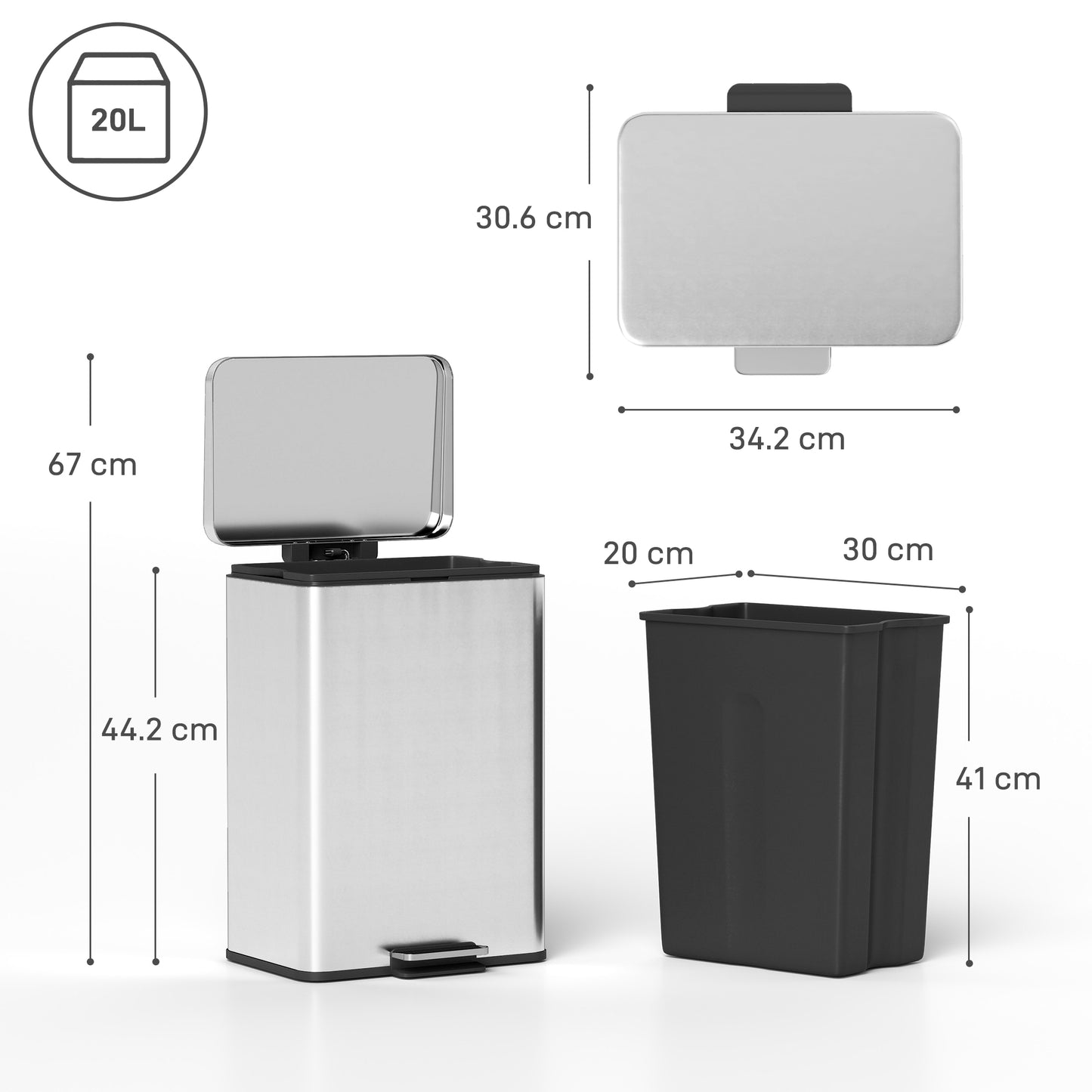 HOMCOM 20L Stainless Steel Pedal Kitchen Bin With Soft Close Lid Stay Open Function Removable Inner Bucket