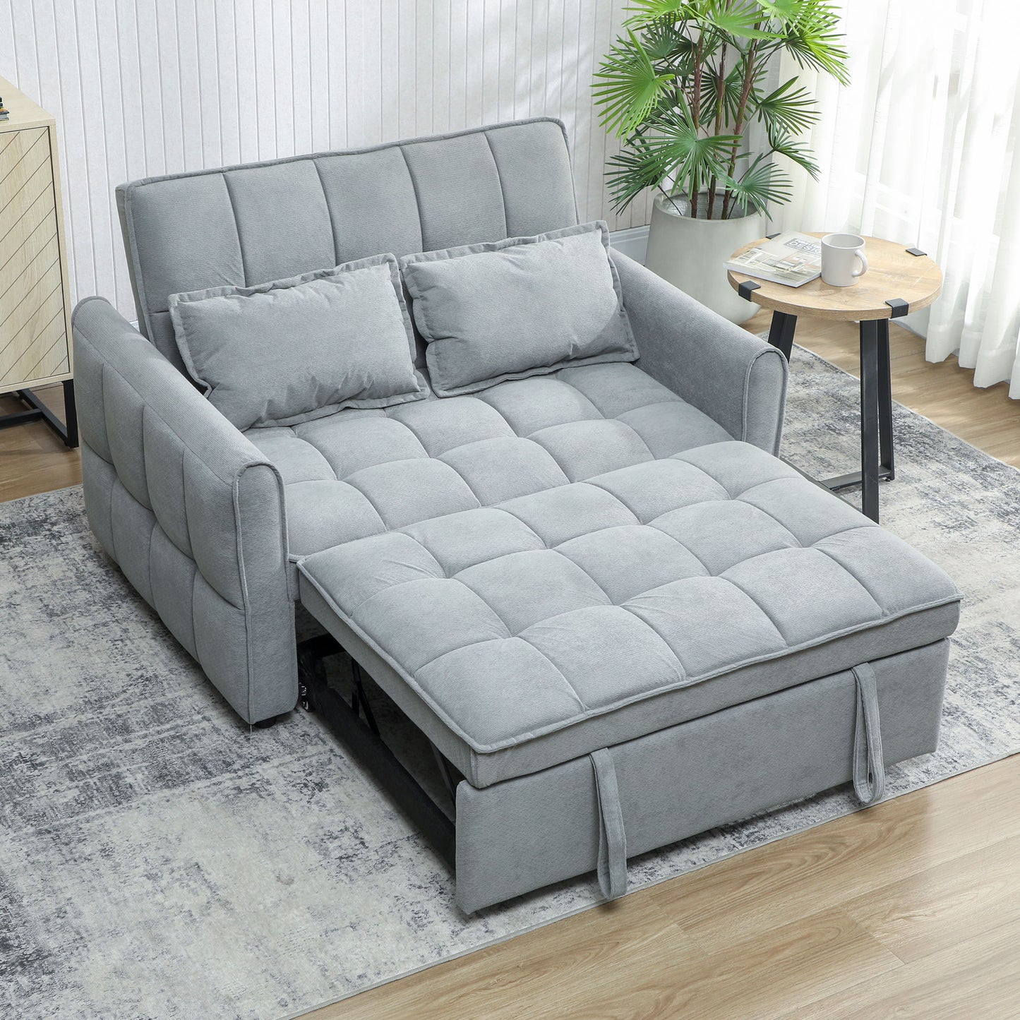 HOMCOM Two Seater Sofa Bed Three In One Convertible Sleeper Sofa With Adjustable Backrest And Two Pillows Grey