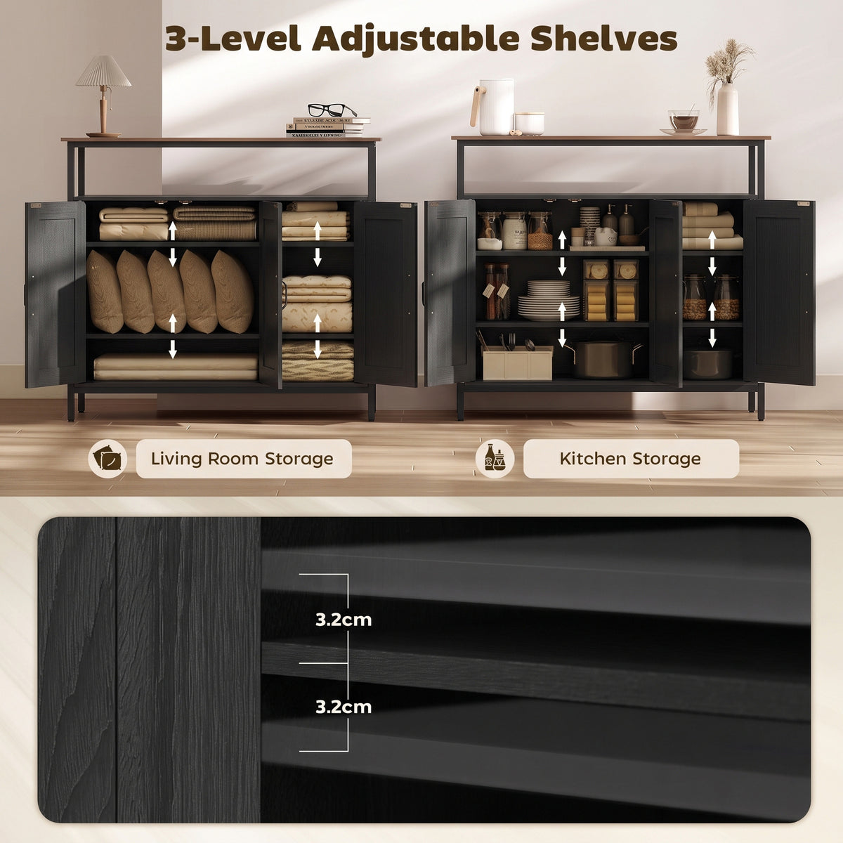 Dark gray industrial sideboard with two open cabinets and adjustable shelves inside