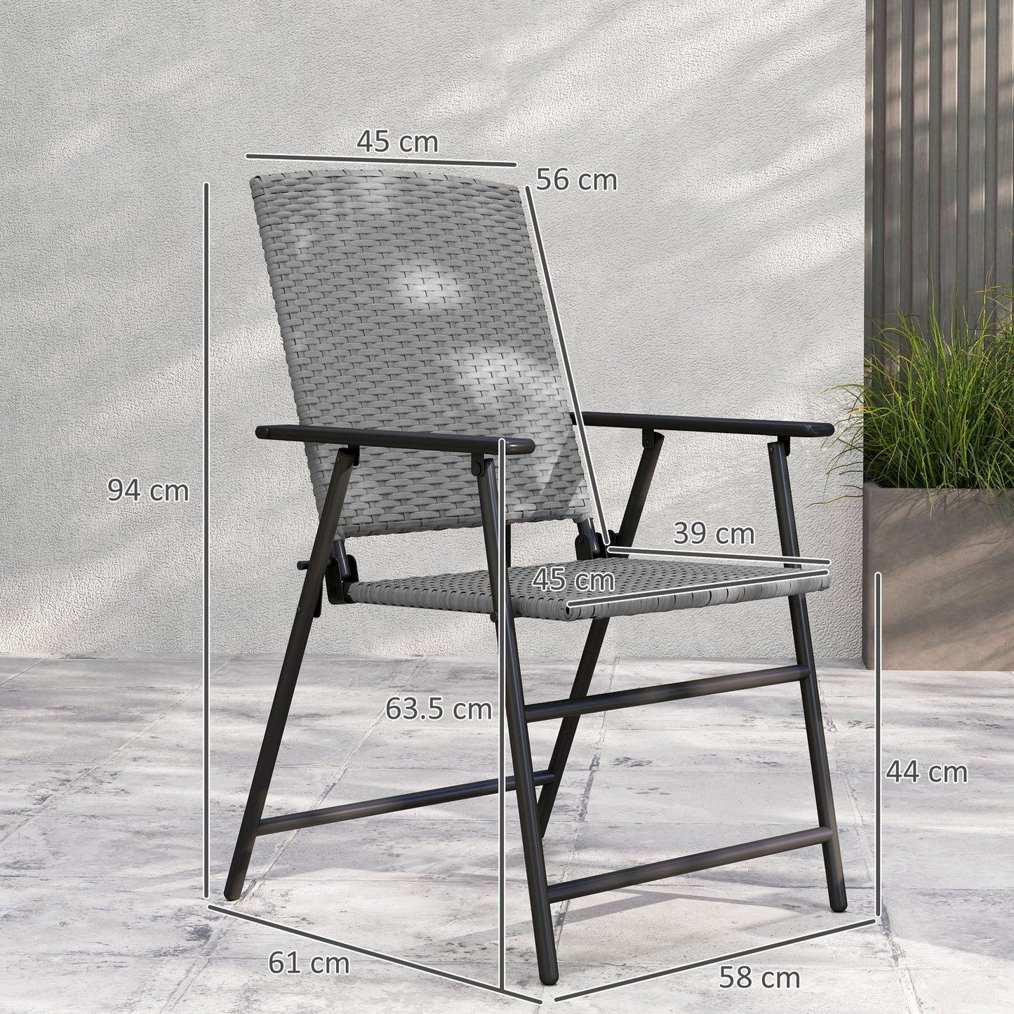Outsunny Folding Rattan Chairs Set Of Two Outdoor Grey Weather Resistant Steel Frame Patio Seating
