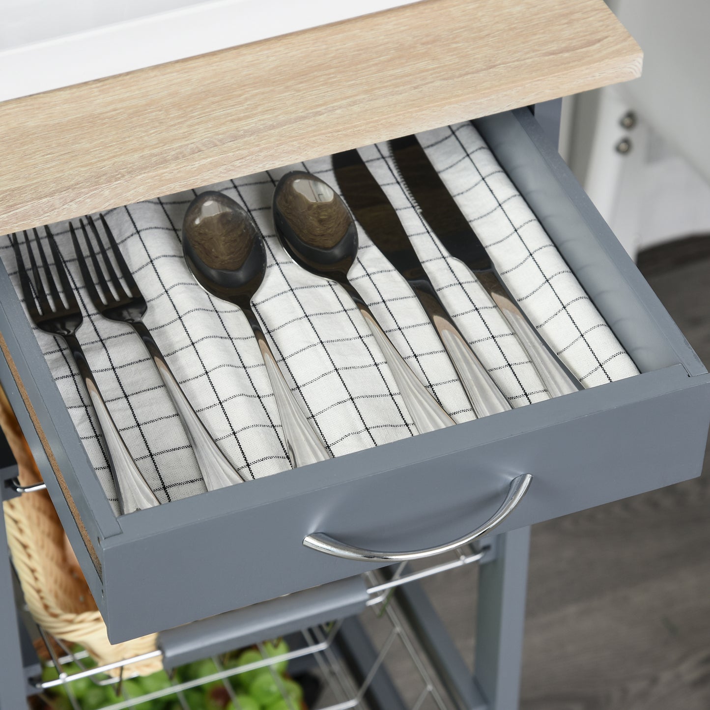HOMCOM Rolling Kitchen Cart With Four Basket Drawers And Side Racks On Wheels For Dining Room Grey